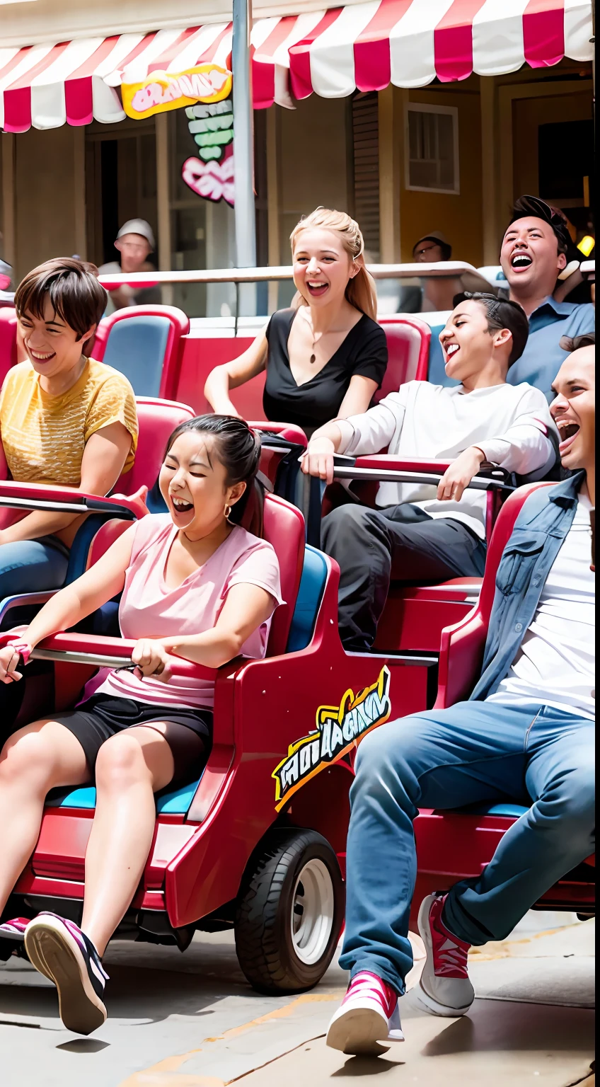 A dozen friends play roller coaster at a large amusement park