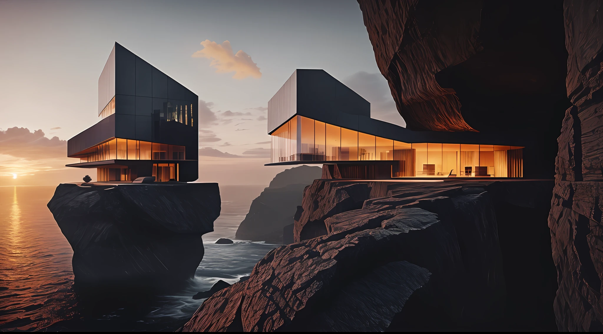 naturey, Epic building in the center, warmth, Evening glow, primitive, HDR, (precipice, waterfallr, Abyss, Rochas, House on the edge of the cliff), cinematic ligh, Slate gray, Dramatic light,Exterior of Zaha Hadid building