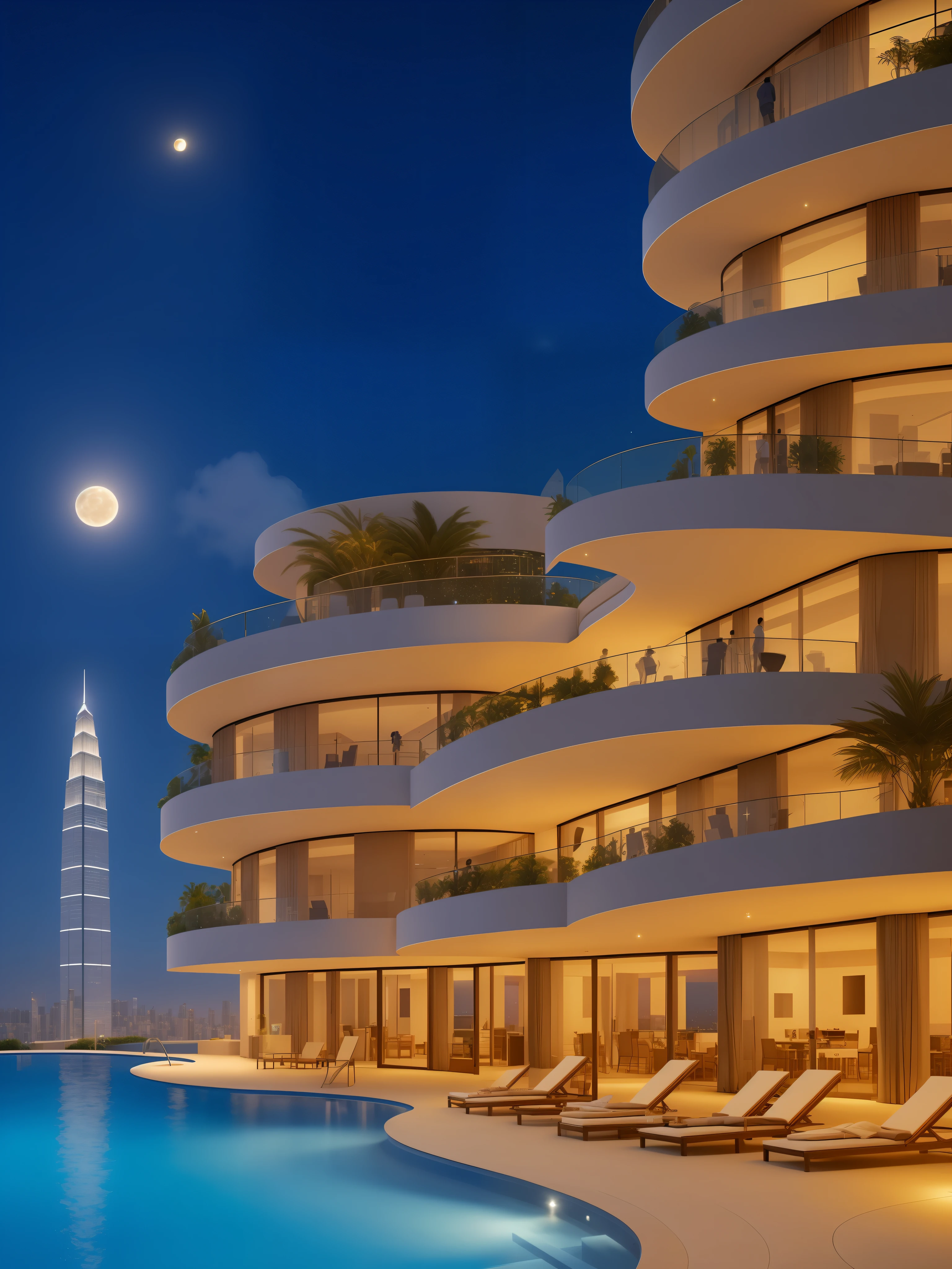 Party night around pool, skyscraper, modern, realistic, futuristic, dim golden light , human, men and women, cloud, stars, full moon (8K, masterpiece), (best quality), (high resolution), (extremely full detailed), no tower.