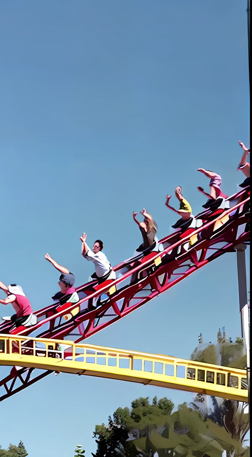 A dozen friends play roller coaster at a large amusement park