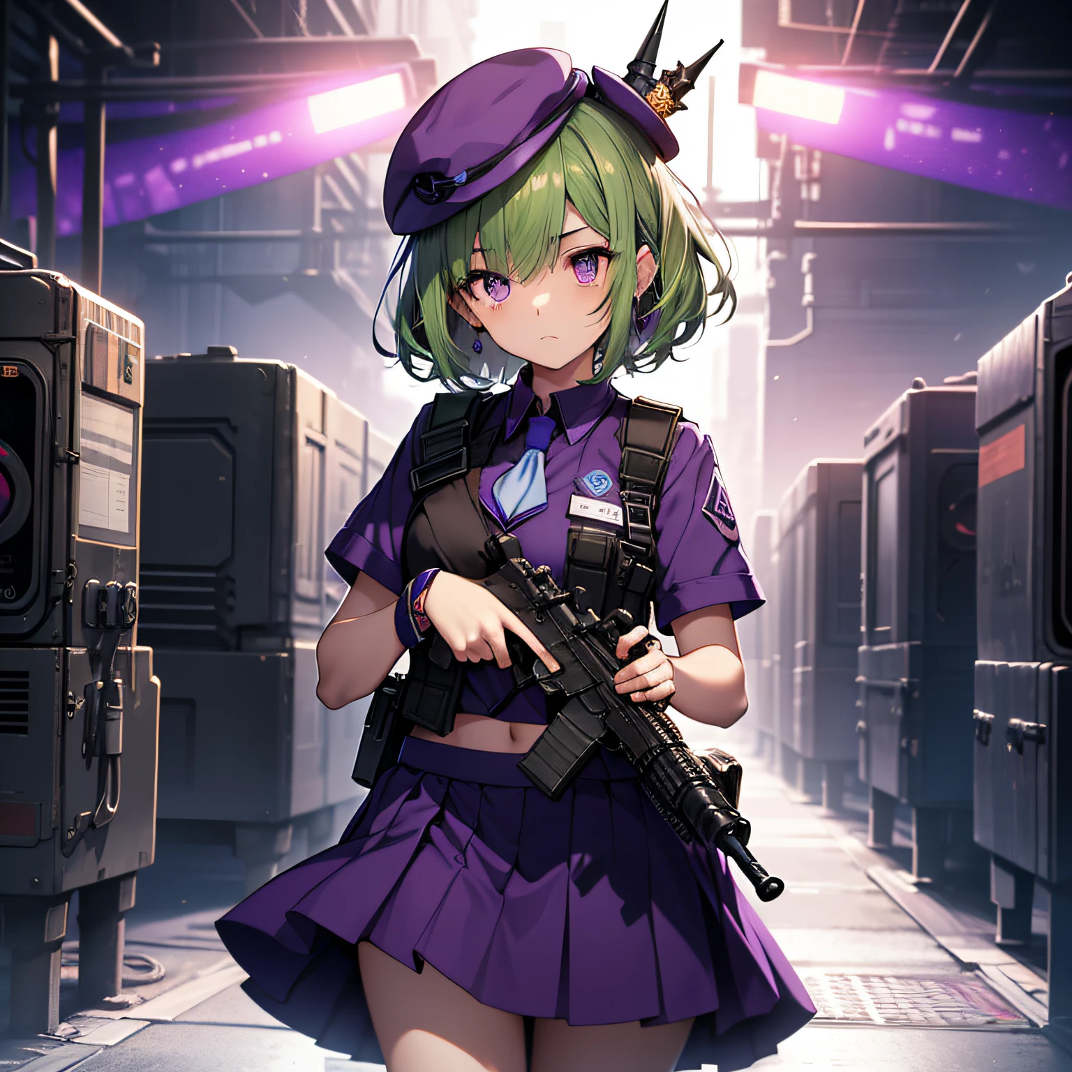 top-quality、extremely delicate and beautiful、(A teenage girl)、Purple Eye、Green hair、short-haired、(Purple pointy hat)、Purple tie、Soio、shortsleeves、Purple skirt、Navel,Tactical Vest、shortsleeves、Purple skirt、((Holding a submachine gun in both hands))、Midnight background、is standing