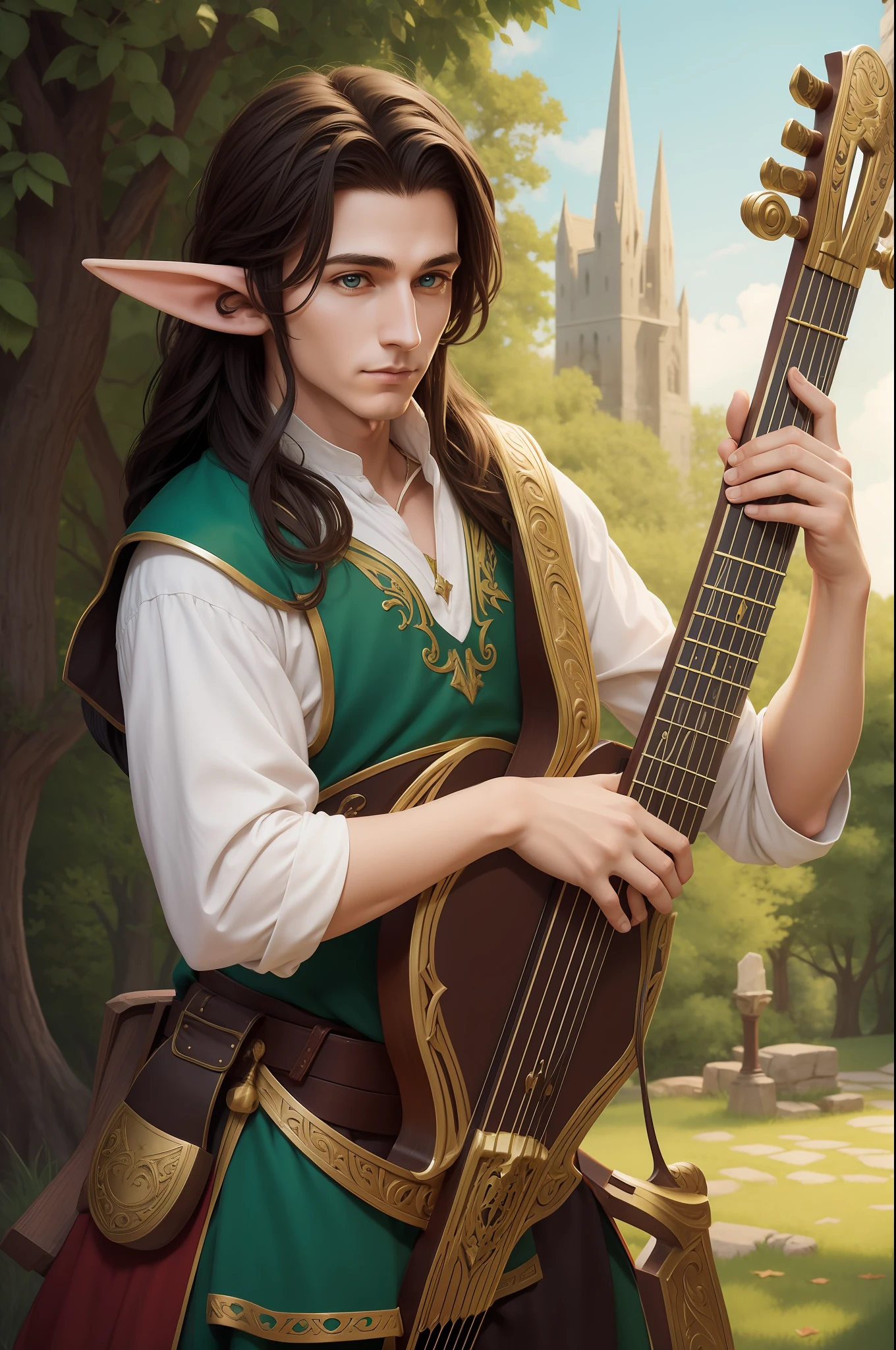 elf man bard, with lyre, rpg character, high fantasy medieval style