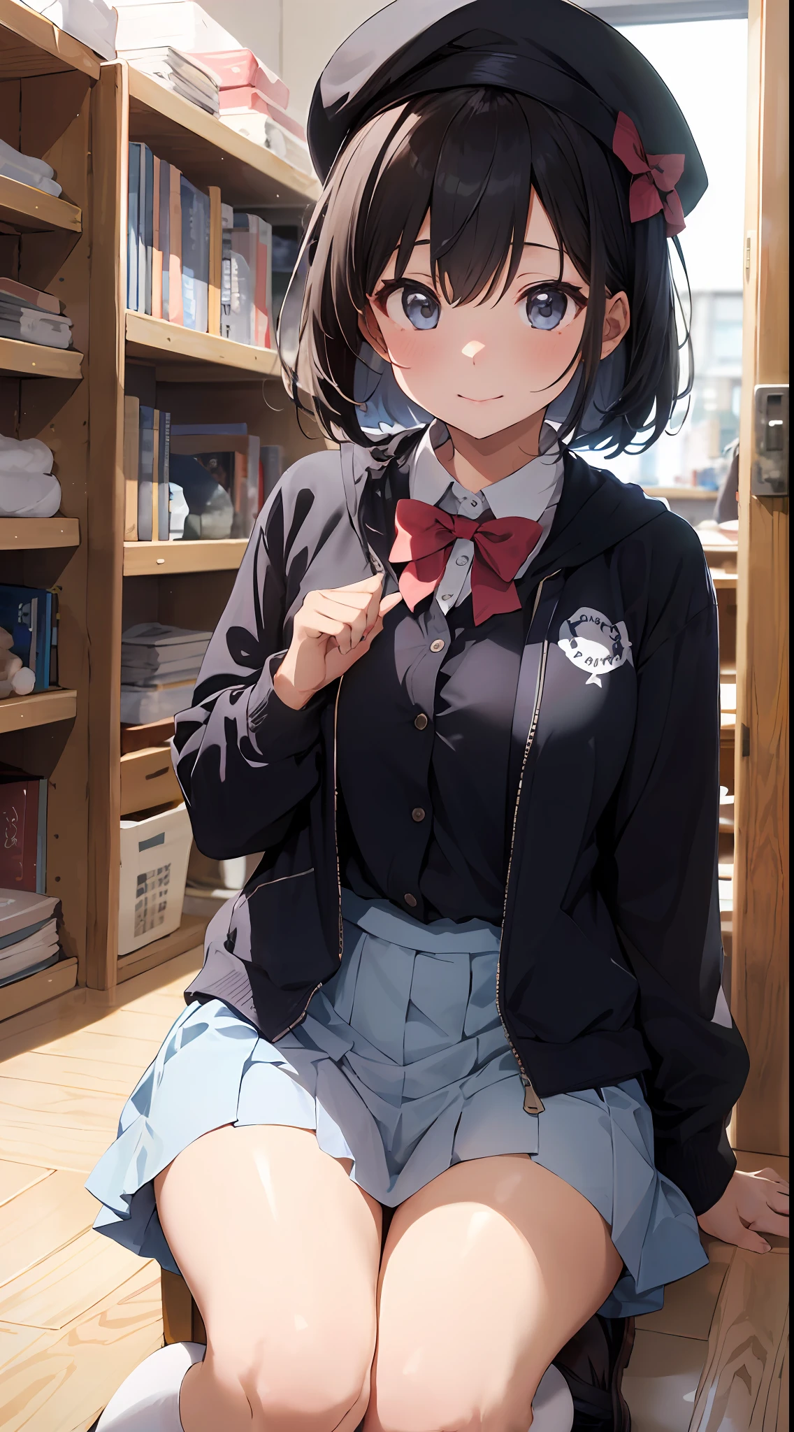 Masterpiece to the smallest detail、top-quality、1girl in、独奏、25-years old、170cm、Receptionist、Model body type、perfectbody、Breasts so big that they hang on the floor、130 cm breast、XCup milk、Realistic nipples、Extraordinary Beauty、Hair with silky texture、bob、Two-color mesh、Realistic eyes、Outstanding looks、unclear、proximity、closed_mouth、a smile、red blush、full of shyness、Hats that look good、Hats、pink bowtie、校服、 Blue jacket、jaket、skirt by the、Gray pretz skirt、Cutter shirt、white shirt、an legs、Black socks、sitting on、s Office、hair_ornament、looking_at_viewer、beatiful detailed eyes、Charming gestures、panties on、lift up one's skirt、Professional effects、The gap between the body and the gesture