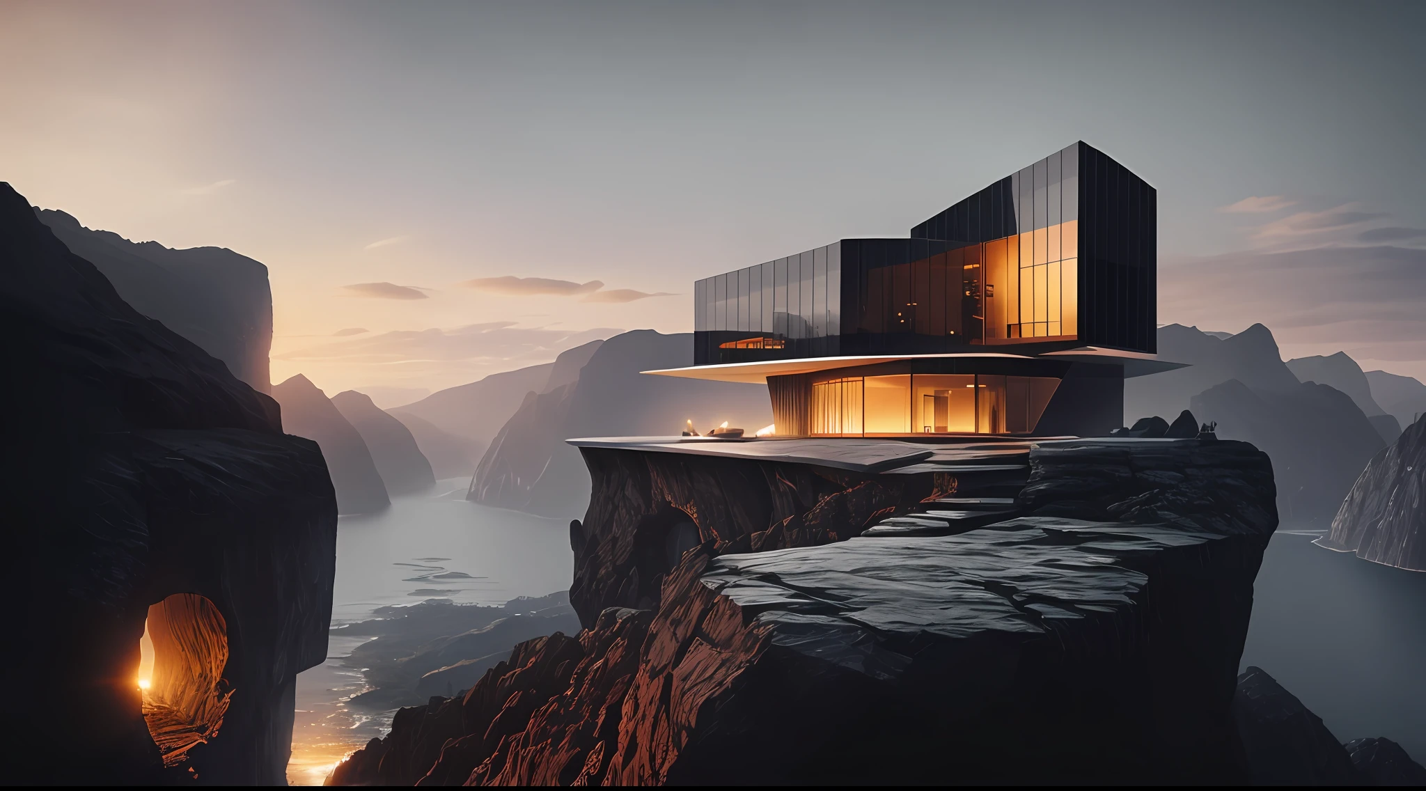 naturey， Epic building in the center， warmth， Evening glow， primitive， HDR， （precipice， waterfallr， Abyss， Rochas， House on the edge of the cliff）， cinematic ligh， Slate gray， Dramatic light，Exterior of Zaha Hadid building，helipad