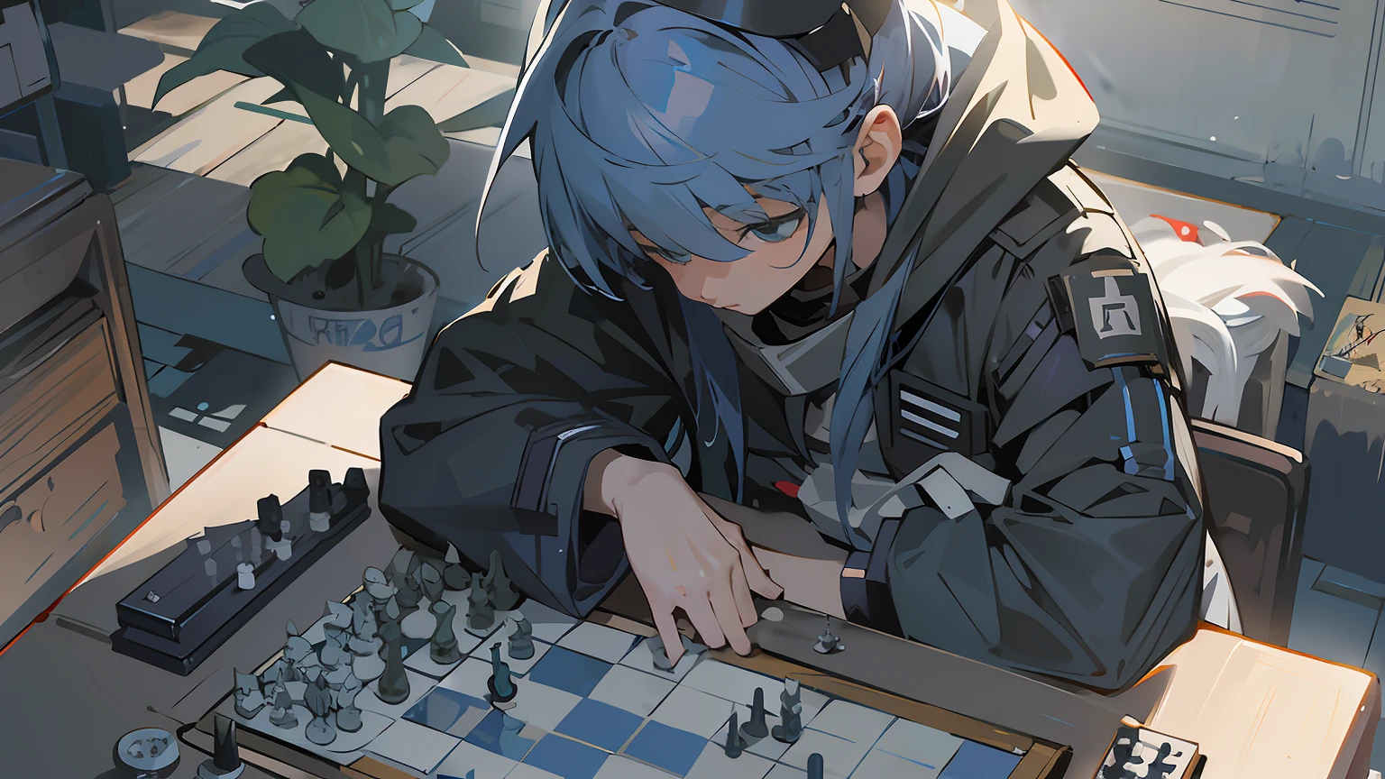 Anime characters playing chess on a table, rimuru playing chess, Guviz-style artwork, animeaesthetic, anime mecha aesthetic, From the night of the ark, playing chess, !!playing chess!!, 2D game fanart, chessboard scientist, arknight, game aesthetic, Kantai collection style, 2 d anime style, girls frontline style