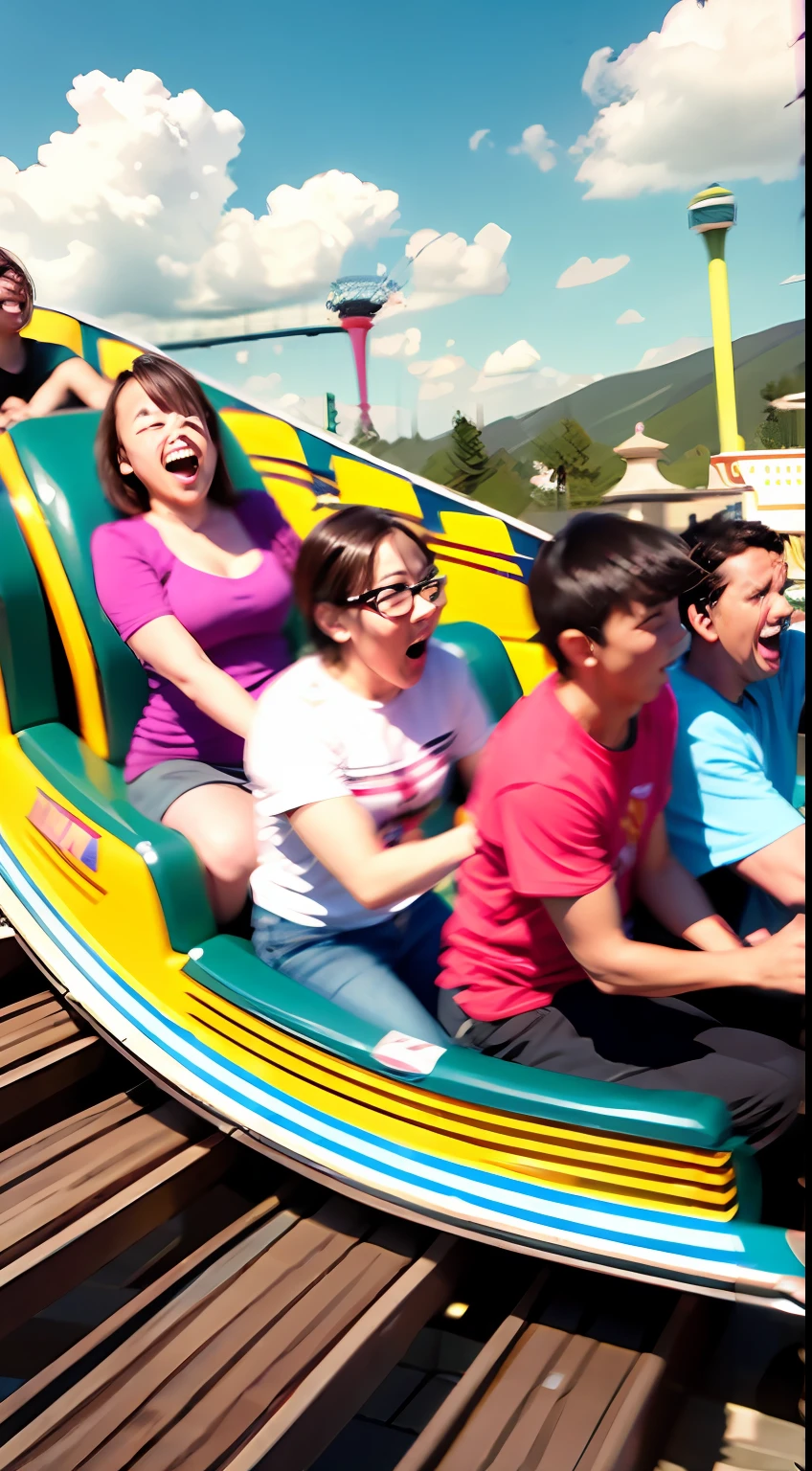 A dozen friends play roller coaster at a large amusement park