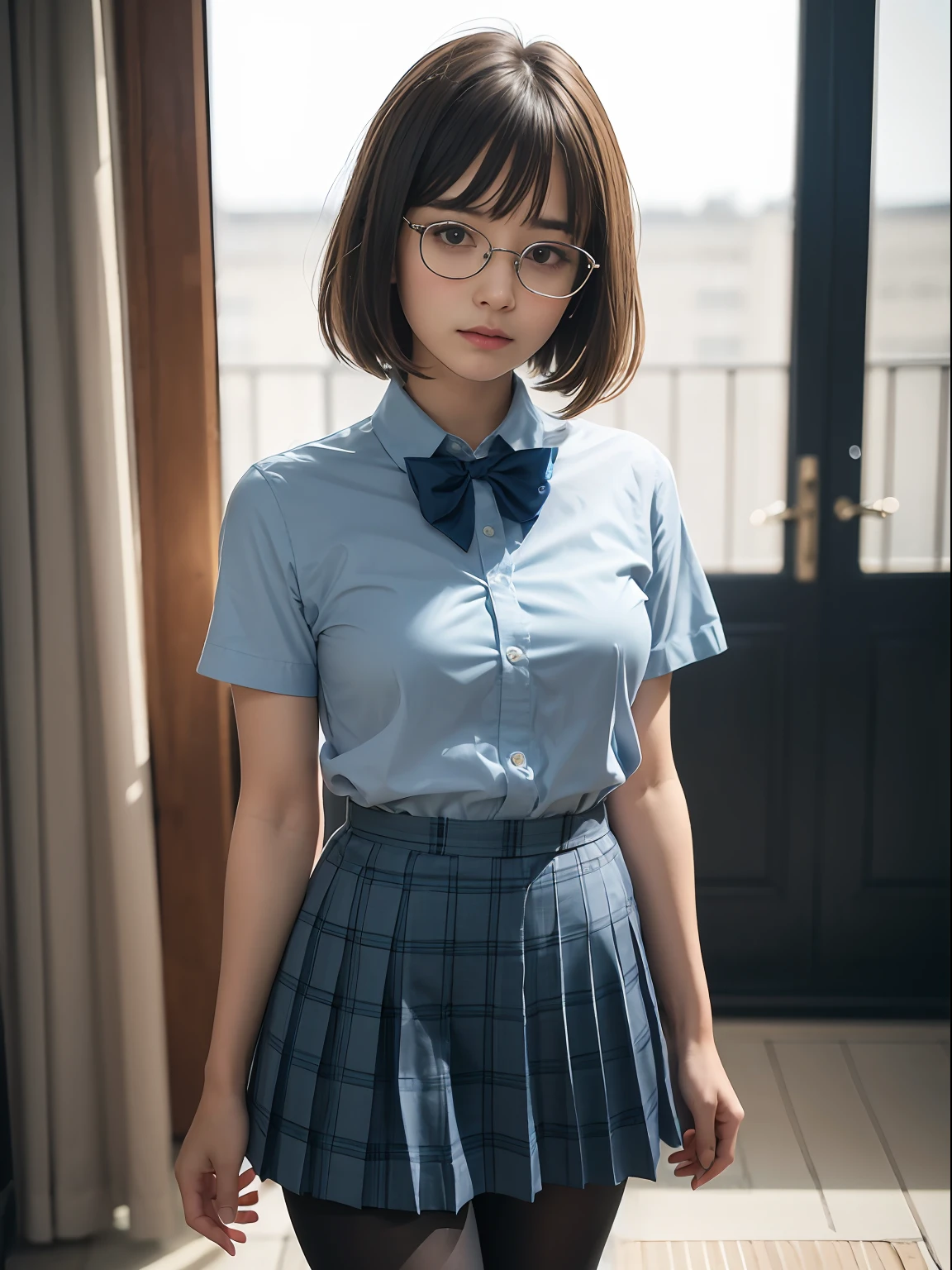 (8K、Raw photography、top-quality、masterpiece:1.2),bullish,Erotic,Pupils,Light Blue Bra,de pele branca,kne,(Black pantyhose),absurderes,a small face,small tits,flat breast,Parting the bangs from the middle、Forehead visible,(a cold expression<Tight eyes,glares,Bullish,skinny,Rasping,irate)、masterpiece,top-quality、超A high resolution,Raw photo,ren,Beautiful fece,One Person, 独奏,eye glass,,Dark look,Small breasts,fullllbody,Round glasses、cute little、JK school uniform,hi-school girl,A Japanese Lady,is standing,(Photorealsitic:1.37)、Photon mapping,Light blue ribbon,Realistic、Cute little face,Brown-eyed、Black socks、(Red bow tie)、Radio City、Physically Based Rendering、Foreground、depth of fields、Blurry background、a picture,The girls、Body,beauty legs, Long legs, Thin leg,Long bob cut,(Bangs are visible), hair, s lips, Blue_The eye, nosesoft,(Light blue shirt), (Navy and blue and white plaid pleated skirt), Knees are visible,Sheer clothing,, Thigh, Black cotton socks,Nogizaka Idol, 女優, Japanese ido