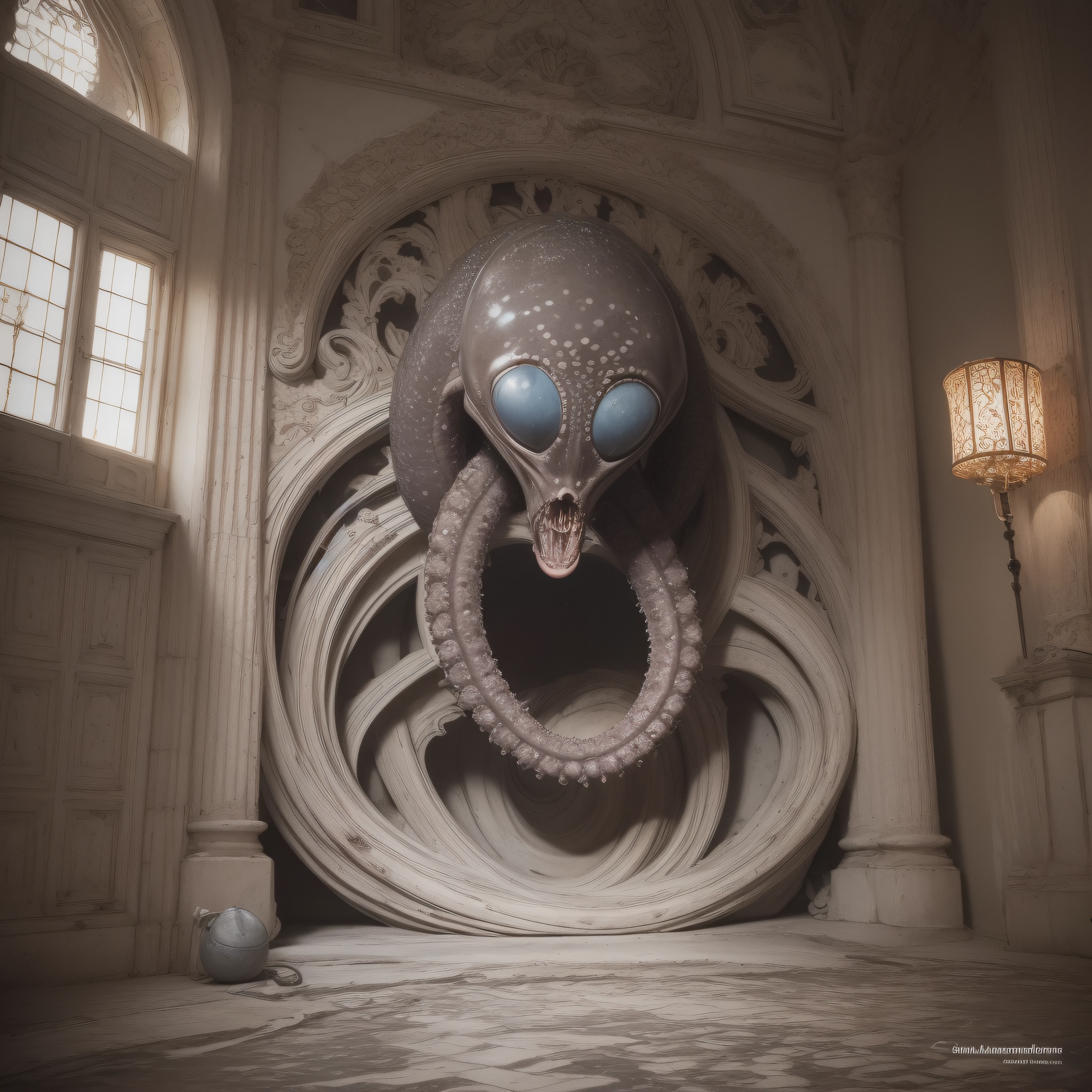 (extremadamente detallado, obra maestra, La mejor calidad), Estilo oscuro, intense illumination, rostro con arrugas, lengua larga, tentacle, deforme, monstruoso, interior de una piscina de agua verdosa, imagen submarina, alien con Colmillos finos, pico de pulpo amenazante. manchas de tinta. Rococo composition. Luz de caravaggio