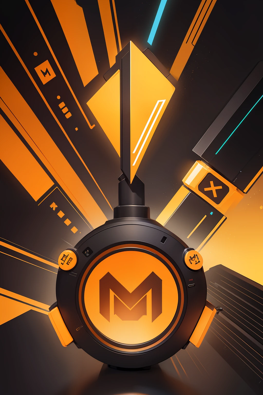 Desenvolver um logotipo com a letra "m" em formato joystick estilizado, using a combination of warm colors, como laranja e amarelo. Add details like colorful buttons and levers for a fun touch with a futuristic twist.