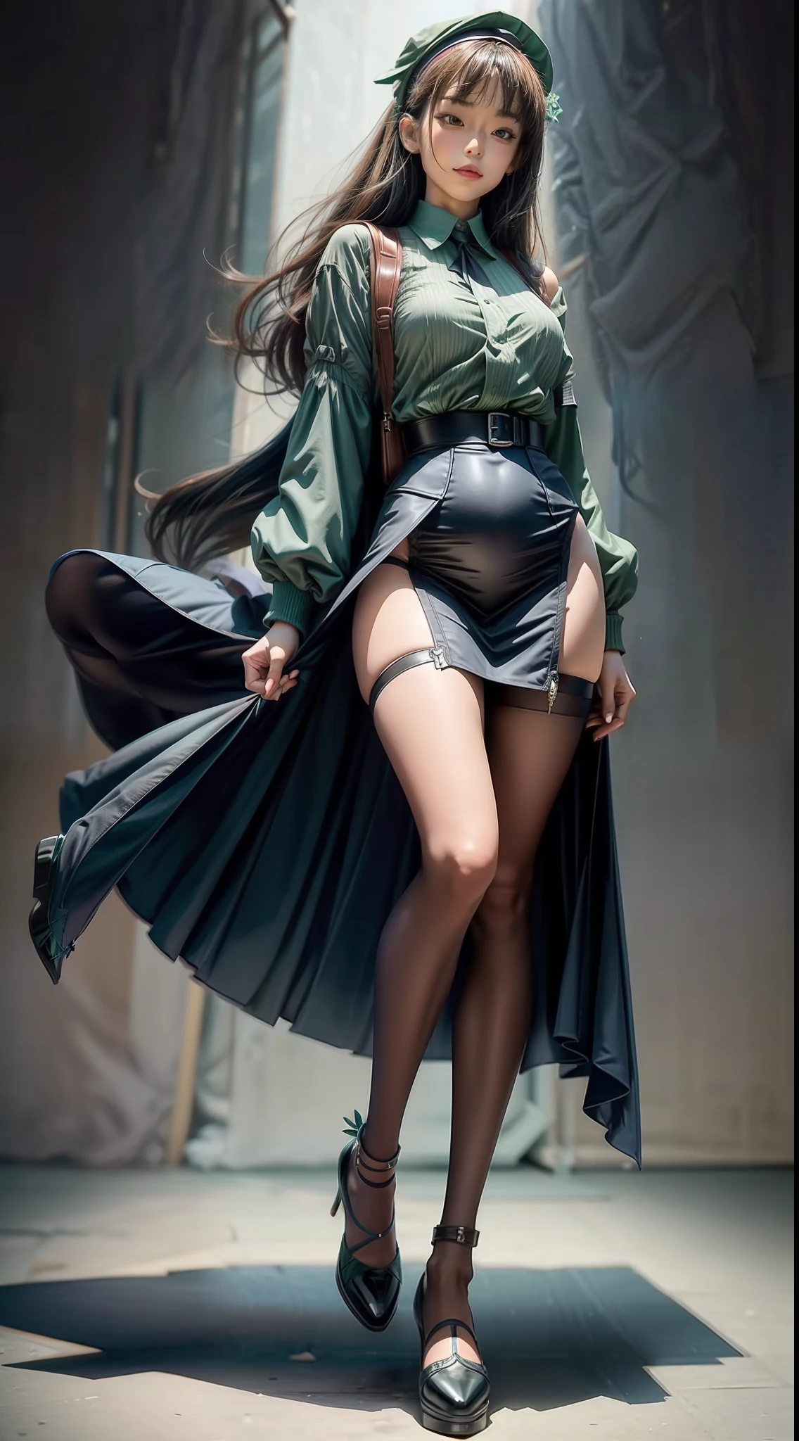 (Full body shot:1.3), tarot cards，Must show your face, anatomy correct, Stockings are mandatory, Colorful，A JK student uniform in blue and green colors，Jumping high posture，Complex and diverse backgrounds，Strangling effect, High-heeled leather shoes, anklet, leg loops, collars, Heavy makeup, A shallow laugh, hyper HD, Ray traching, structurally correct, Award-Awarded, high detal, lightand shade contrast, Face lighting，cinmatic lighting, tmasterpiece, super detailing, high high quality, high detal, best qualityer, 16k