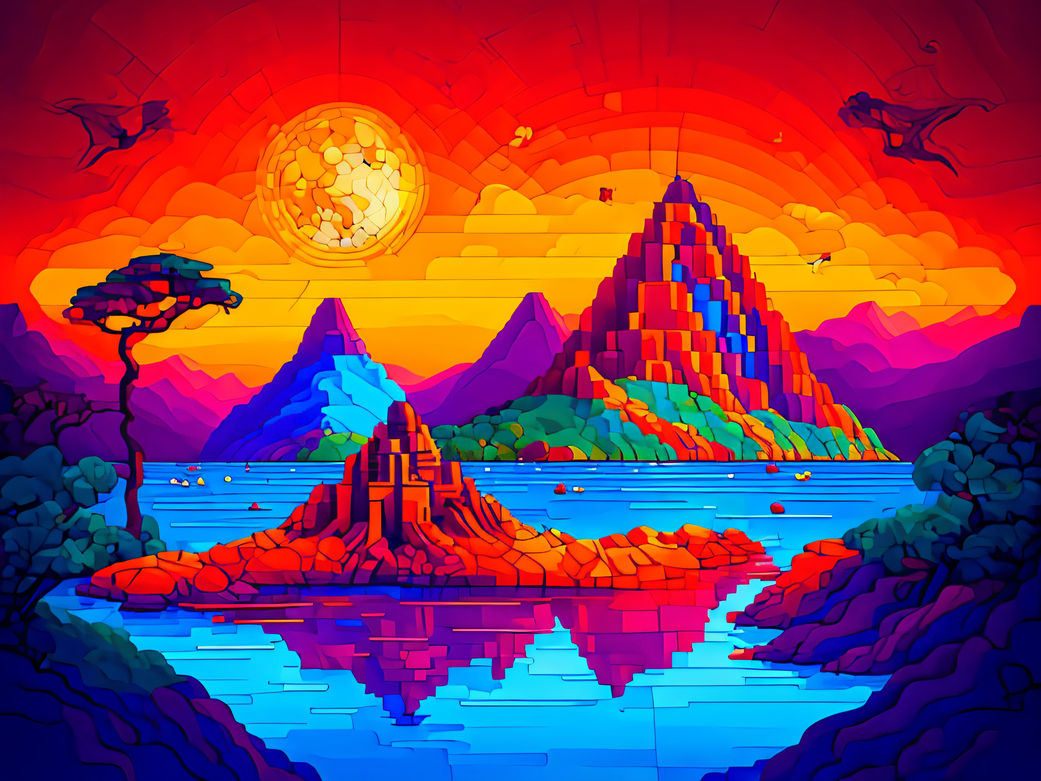 Colorful illustration of a mountain with a full moon in the background, Torre pintada da lua, arte de fundo, Jen Bartel, Zigurate, Arte digital altamente detalhada em 4k, ancient megastructure pyramid, Arte digital detalhada em 4k, pyramid background, 4K HD papel de parede ilustrativo, arte conceitual colorida, pixel art colorido, arte voxel de alta qualidade