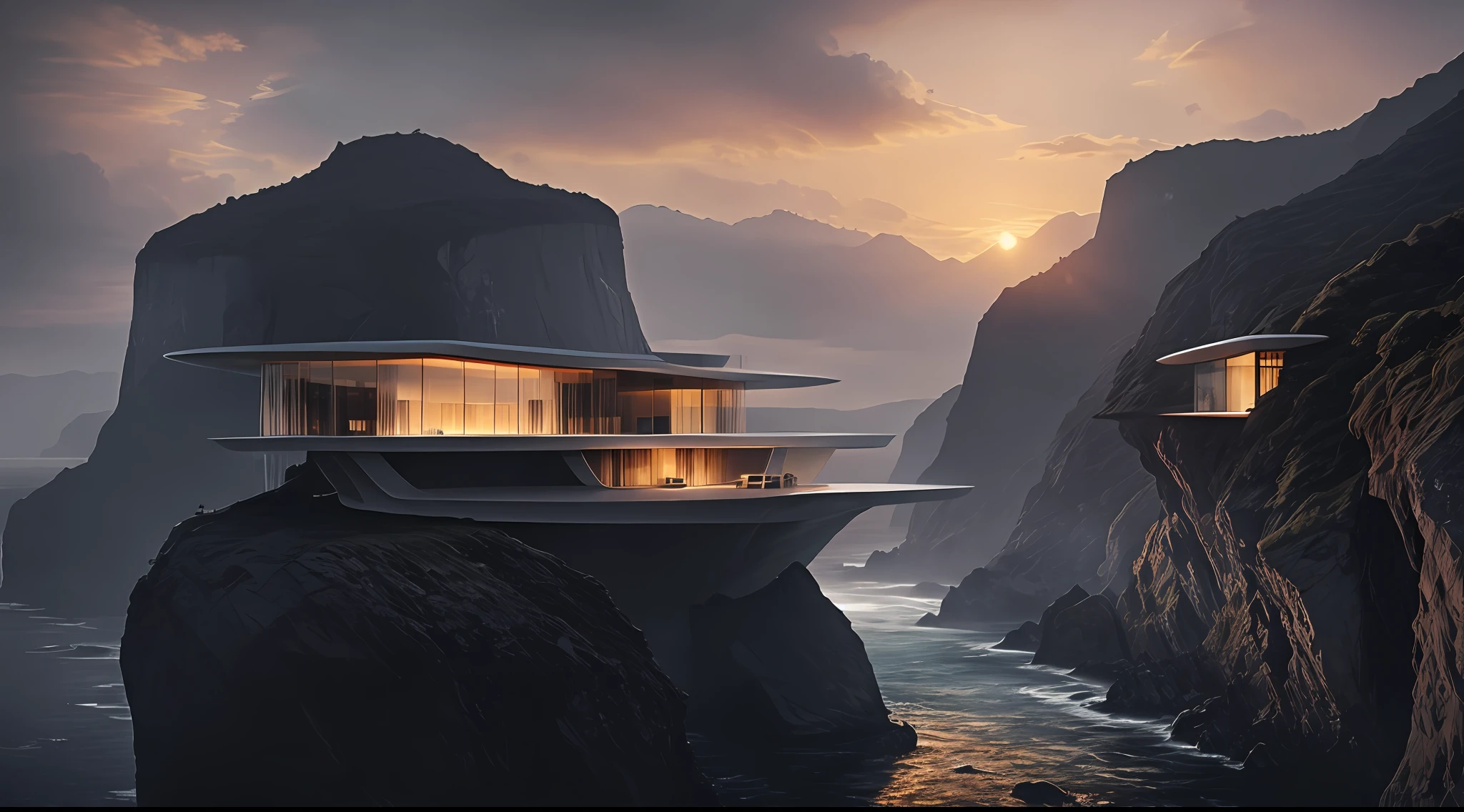 naturey, Epic building in the center, warmth, Evening glow, primitive, HDR, (precipice, waterfallr, Abyss, Rochas, House on the edge of the cliff,Helicopter apron), cinematic ligh, Slate gray, Dramatic light,Exterior of Zaha Hadid building