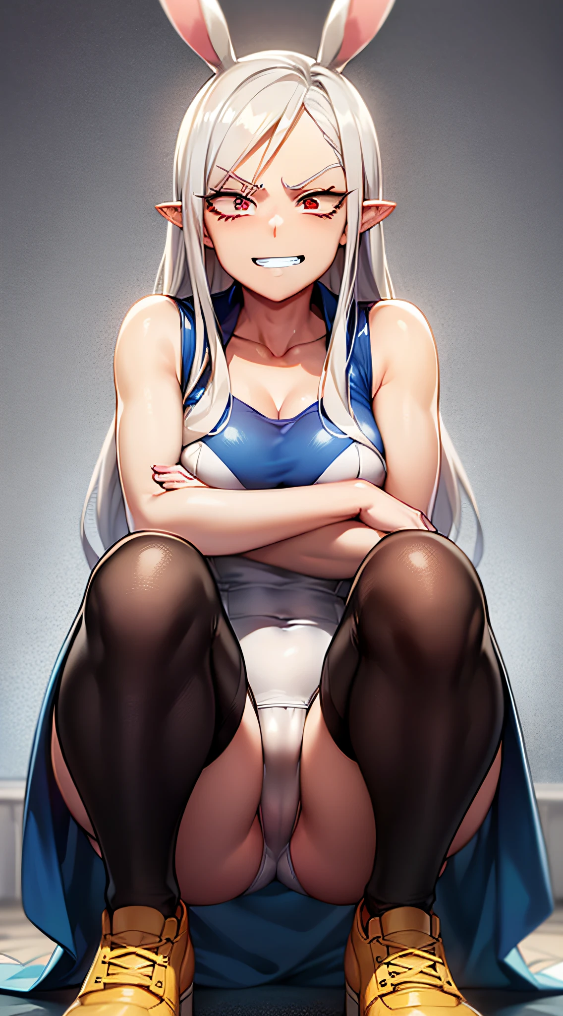 High quality, best rendering), (Beautiful Woman, Mirko, My Hero Academia), muscular body, thick muscular legs, big buttocks, pitch black tanned skin, big breasts, silver hair, long straight hair, Sanpaku eyes, red eyes, thin eyebrows, no lashes, rabbit ears with long ears, elaborate hair, psychopath, crazy face, glaring at viewers, grinning mouth, Sleeveless white leotard up to the neck, blue edges, blue knee-high socks, high-tech sneakers, squatting with heels on the ground, M-shaped legs, legs spread wide, hands on the ground, center, scales to fit dimensions, camel toes, shot from below