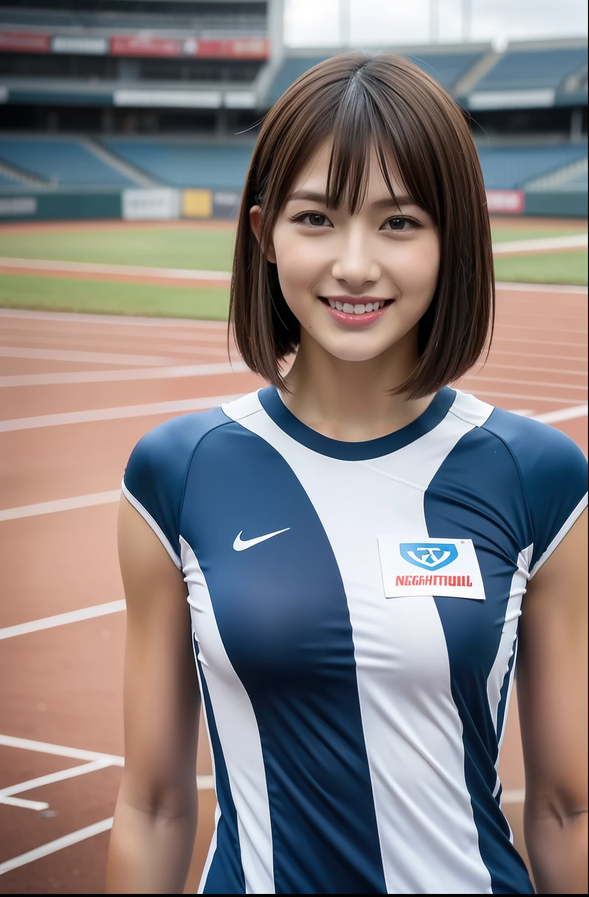 (((full bodyesbian)))、((Short-cut hairstyles))、Perfect style、beauty legs、kawaii、((Track & Field Athletes Women))、japanese beauty girl、(((1人)))、Competition uniforms、((stadium))、Transcendent cute、A slight smil、Beautiful breasts、full bodyesbian、athletic field、((Outstanding style))、((Healthy body))、 Photorealsitic、Beautiful detailed eyes、Hyper-Realism、highcontrast、Ultra HD、realistic skin textures、Top image quality、top-quality、超A high resolution、Fine details、Very meticulously