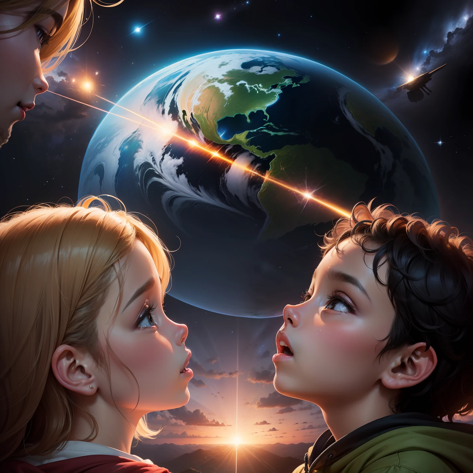 (((Obra-prima))), melhor qualidade, imagem hiper-realista, Brazil's disabled children in a backdrop, deficiente em uma cadeira de rodas olhando para o cosmos com estrelas e planetas.