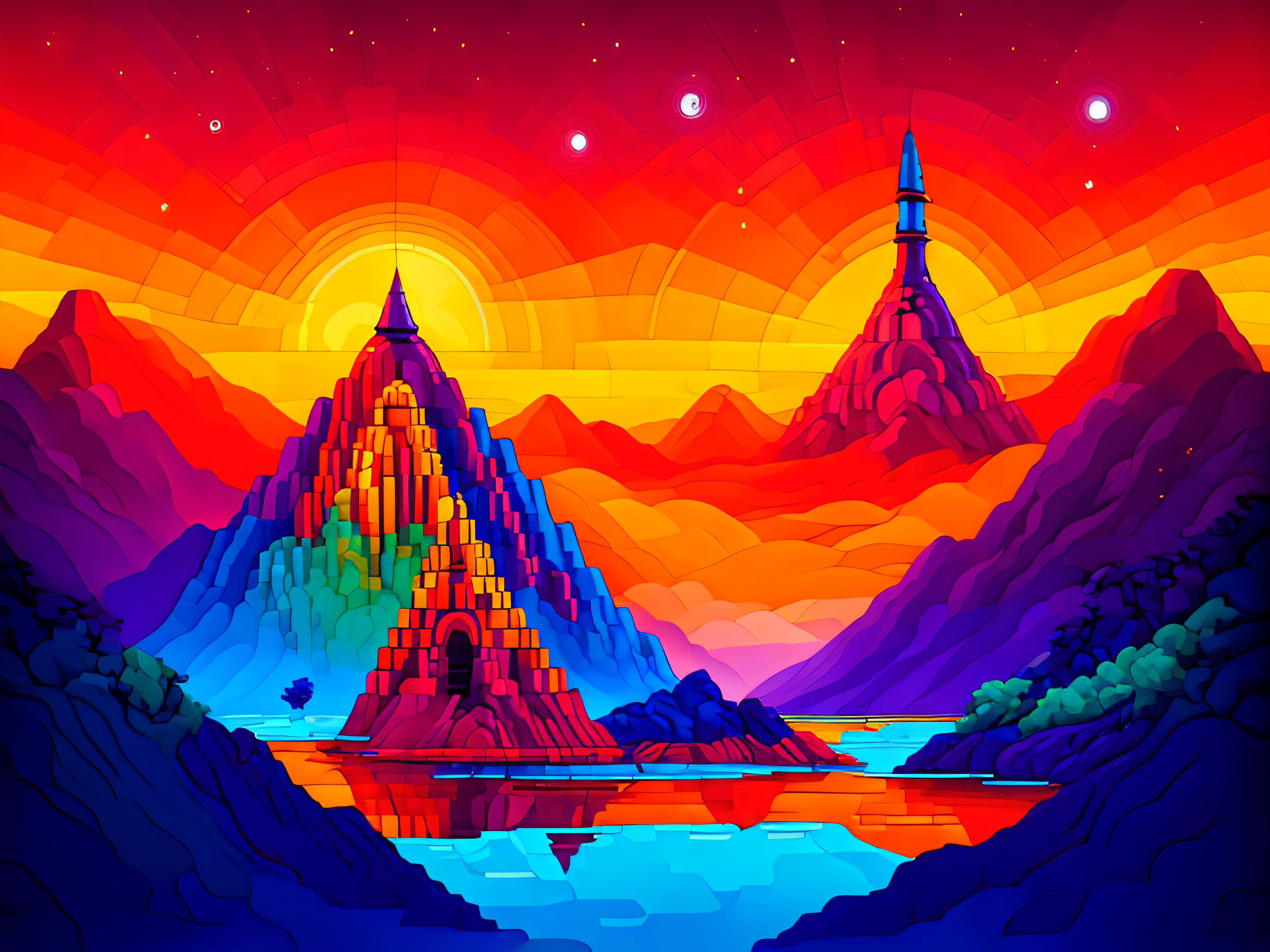 Colorful illustration of a mountain with a full moon in the background, Torre pintada da lua, arte de fundo, Jen Bartel, Zigurate, Arte digital altamente detalhada em 4k, ancient megastructure pyramid, Arte digital detalhada em 4k, pyramid background, 4K HD papel de parede ilustrativo, arte conceitual colorida, pixel art colorido, arte voxel de alta qualidade