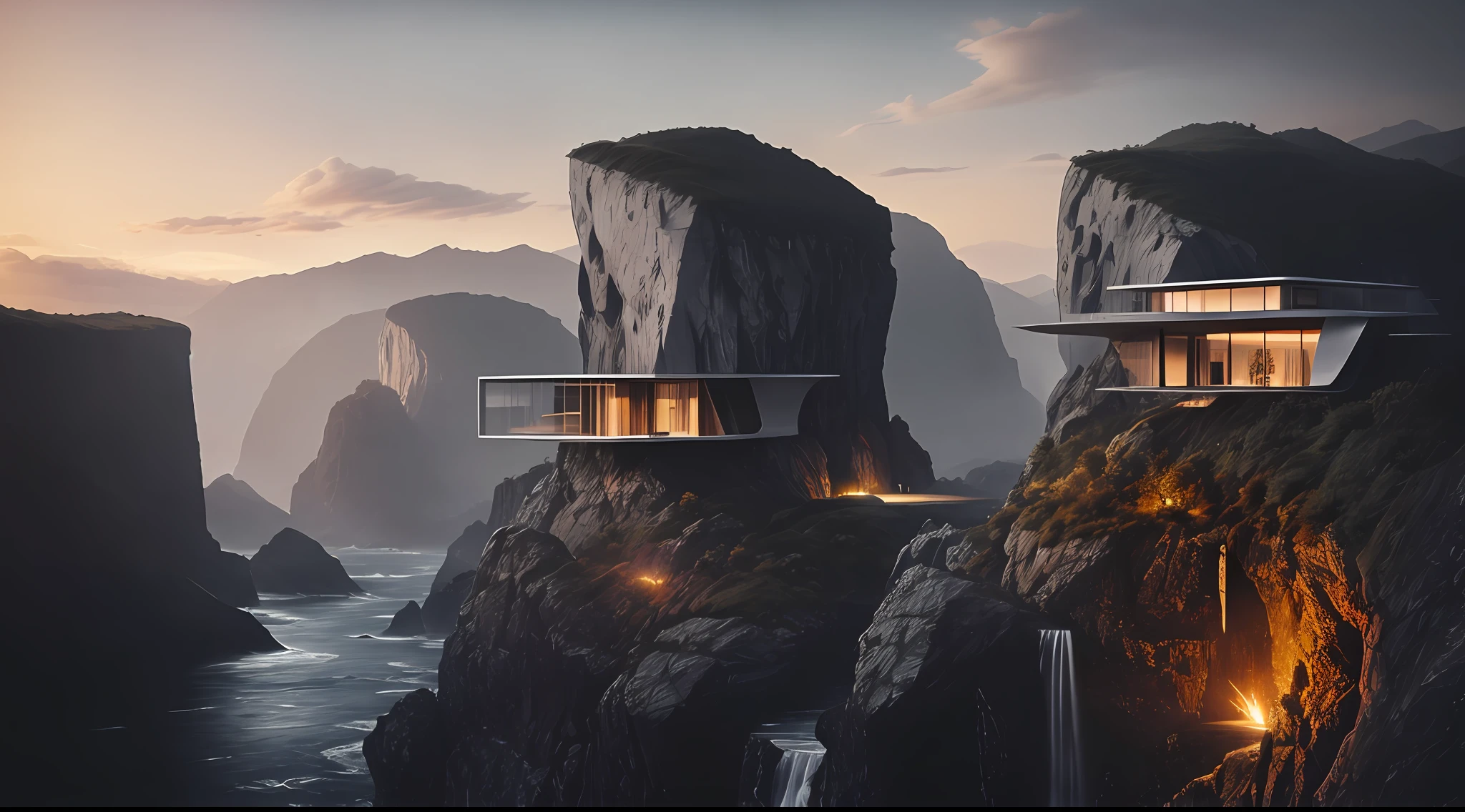 naturey， Epic building in the center， warmth， Evening glow， primitive， HDR， （precipice， waterfallr， Abyss， Rochas， House on the edge of the cliff，Helicopter apron）， cinematic ligh， Slate gray， Dramatic light，Zaha Hadid style building exterior