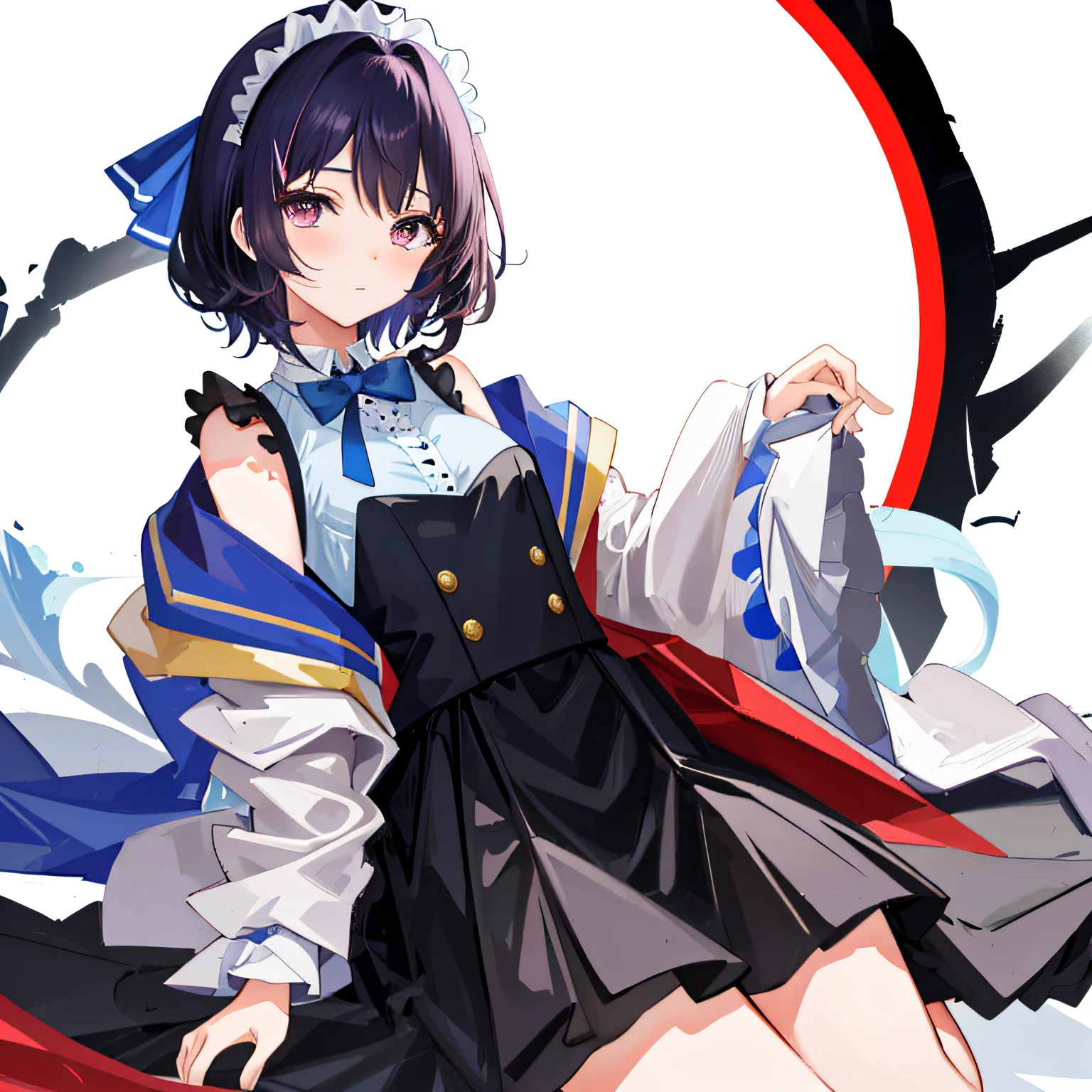 Tsundere、quadratic element、Small loli、with short black hair、Bright eyes、Small round face、upturned eyebrows、Fair and smooth skin。 Sweet、Lolita style、Puffy skirt、Lace、Bow knot、The color is bright、Cute style、In pink、blue colors、red colour、lace legwear、tigh-high boots、Cute accessories、Bow hairpins、neck chain、bangle、school ground、Anime Carnival。Falling streamers and debris，a sense of atmosphere。absurderes, A high resolution, Ultra detailed, elegant flourishes, and a sense of craftsmanship and skill,。Anime girl in maid costume sitting on a branch, Beautiful anime girl, seductive anime girls, cute anime waifu in a nice dress, pretty anime girl, attractive anime girls, Cute anime girl, beautiful and seductive anime woman, (Anime girl), Anime girl, Kawasi, Guweiz in Pixiv ArtStation, Extremely detailed Artgerm