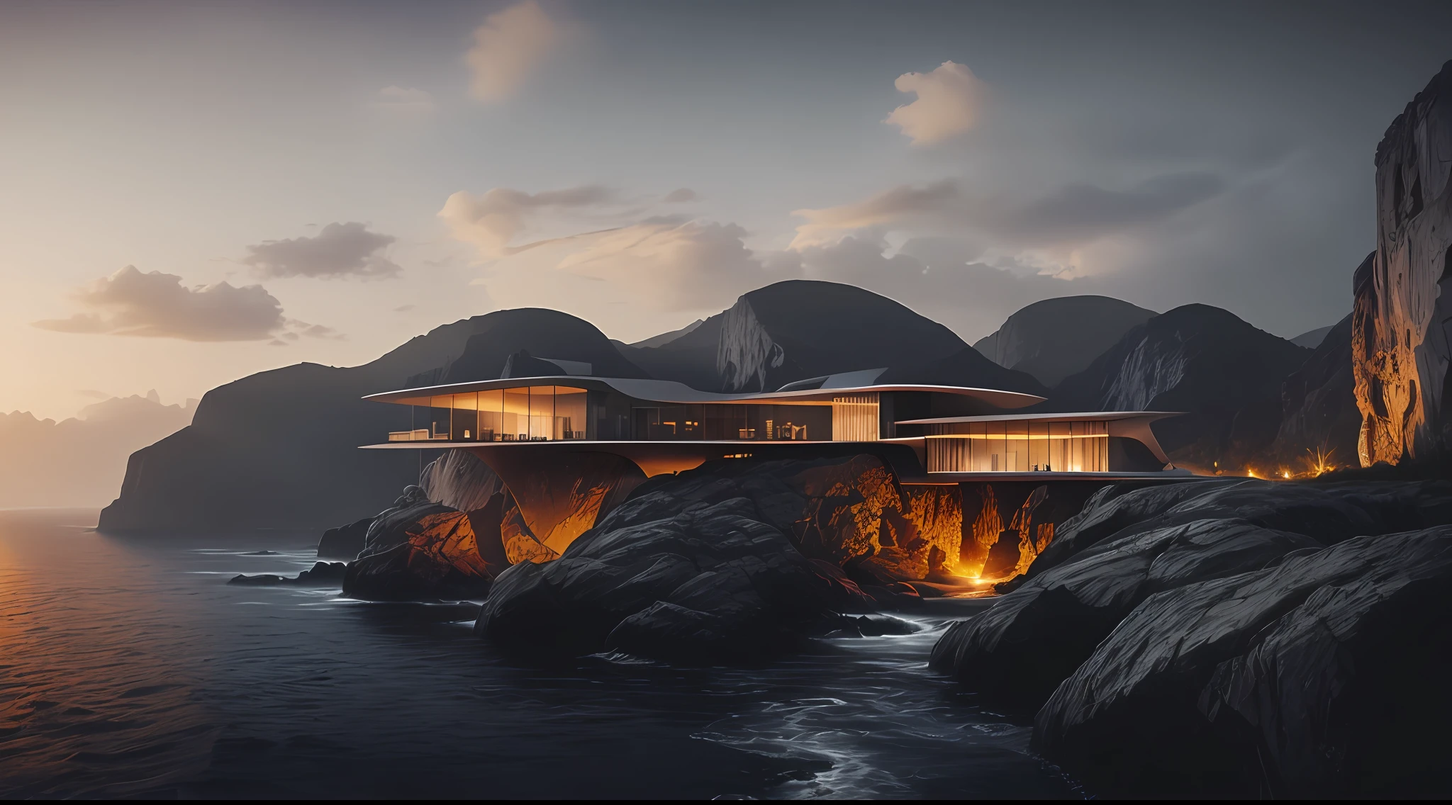 naturey， Epic building in the center， warmth， Evening glow， primitive， HDR， （precipice， waterfallr， Abyss， Rochas， House on the edge of the cliff，Helicopter apron）， cinematic ligh， Slate gray， Dramatic light，Zaha Hadid style building exterior