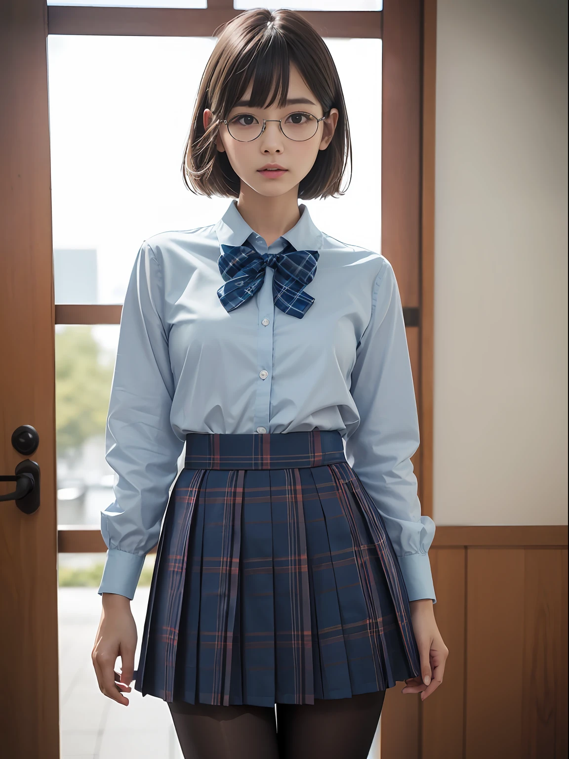 (8K、Raw photography、top-quality、masterpiece:1.2),Bullish,Muchimuchi,Erotic,Pupils,Light Blue Bra,de pele branca,kne,(Black pantyhose),absurderes,a small face,small tits,flat breast,Parting the bangs from the middle、Forehead visible,(a cold expression<Tight eyes,glares,Bullish,skinny,Rasping,irate)、masterpiece,top-quality、超A high resolution,Raw photo,ren,Beautiful fece,One Person, 独奏,eye glass,,Dark look,Small breasts,fullllbody,Round glasses、cute little、JK school uniform,hi-school girl,A Japanese Lady,is standing,(Photorealsitic:1.37)、Photon mapping,Light blue ribbon,Realistic、Cute little face,Brown-eyed、Black socks、(Red bow tie)、Radio City、Physically Based Rendering、Foreground、depth of fields、Blurry background、a picture,The girls、Body,beauty legs, Long legs, Thin leg,Long bob cut,(Bangs are visible), hair, s lips, Blue_The eye, nosesoft,(Light blue shirt), (Navy and blue and white plaid pleated skirt), Knees are visible,Sheer clothing,, Thigh, Black cotton socks,Nogizaka Idol, 女優, Japanese ido