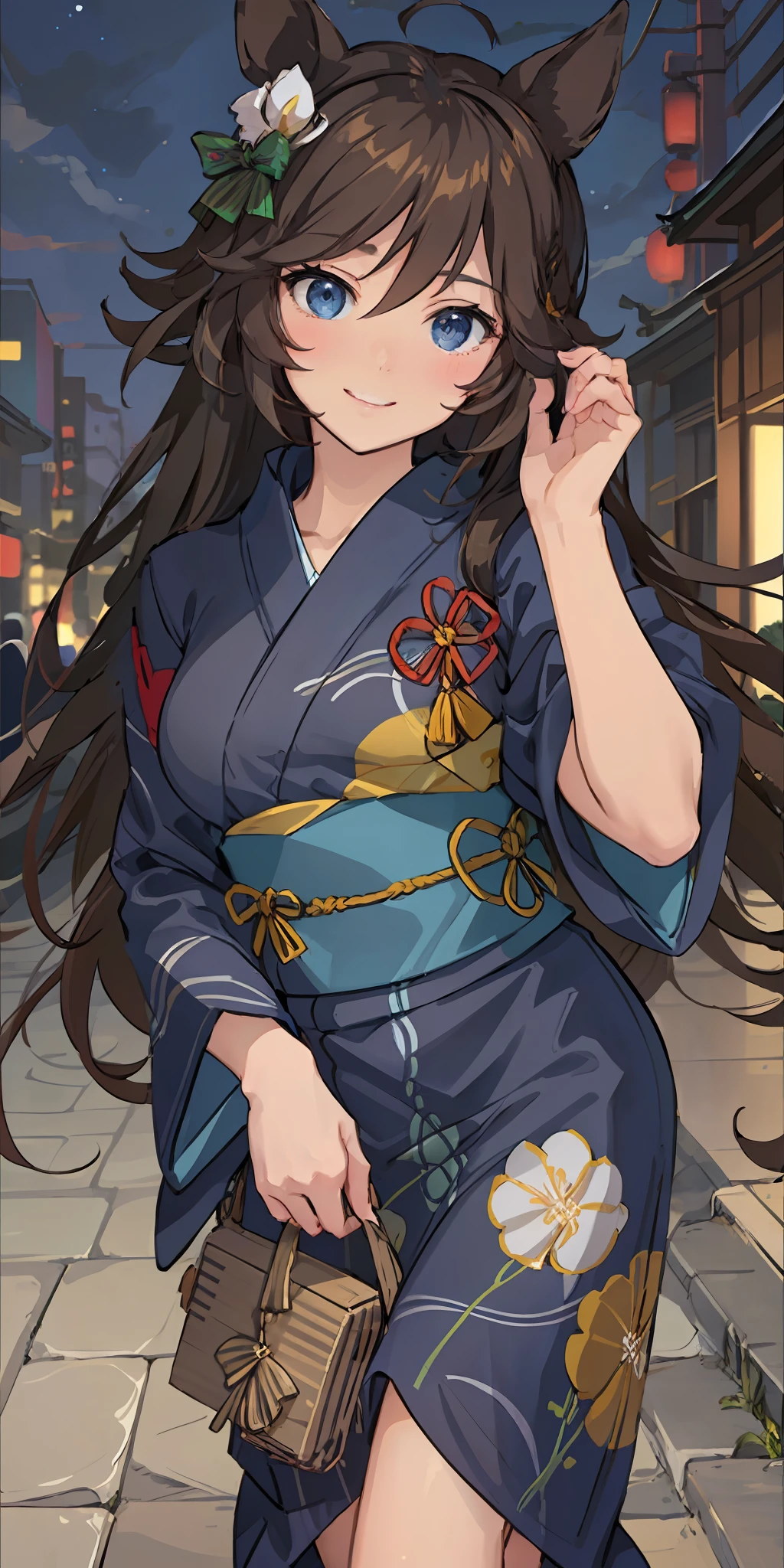 ***1人、Brown hair(long)、Blue eyes((Delicate.ren))、Marl、Hidden in the hair of one eye、Japanese dress((Yukata))portlate、side lights、wall-paper、NSFW、Background night、Beautiful night sky、A smile、Happiness