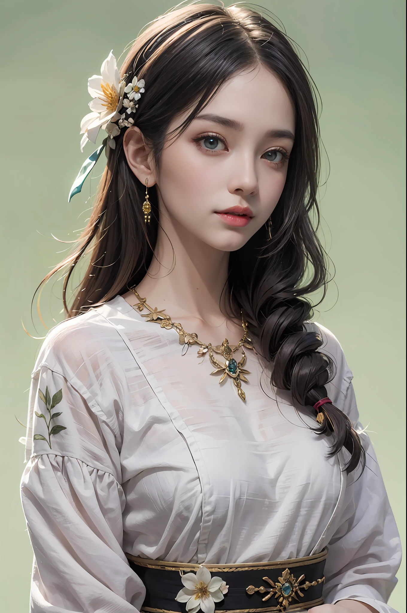 Fresh and simple girl，full-body portraits，fully body photo，Flower background，solid color backdrop，独奏，Miao Lie，Flower details，Elaborate Eyes，beauitful face，Minimalist style，detail-rich，gentle illumination，High- sharpness。tmasterpiece，Works of masters，best qualtiy