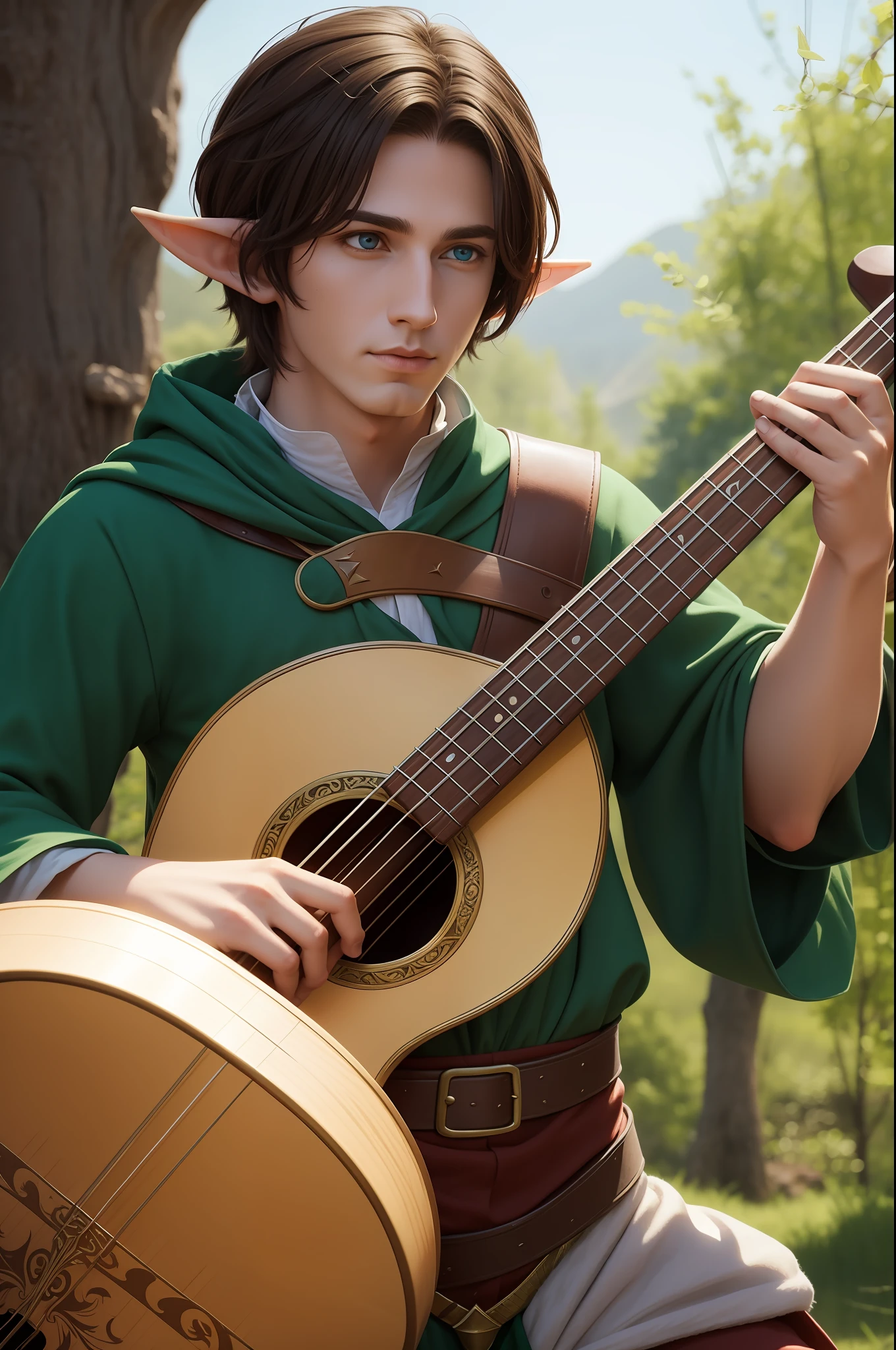 elf man bard, with lute, rpg character, high fantasy medieval style