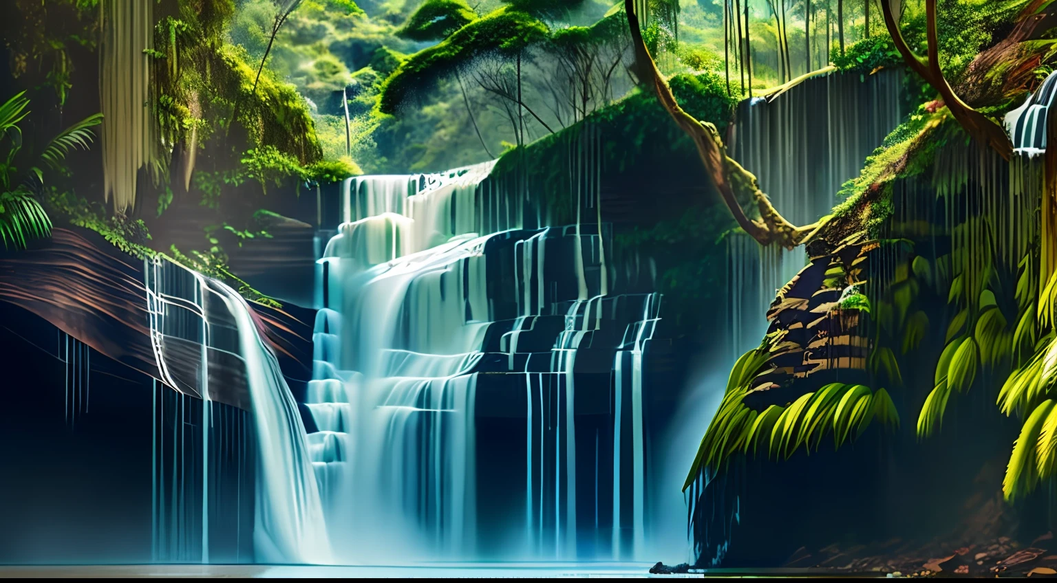 A photograph of a majestic waterfall in the midst of lush forest in brazil, with water cascading down, materpiece estilovintedois.