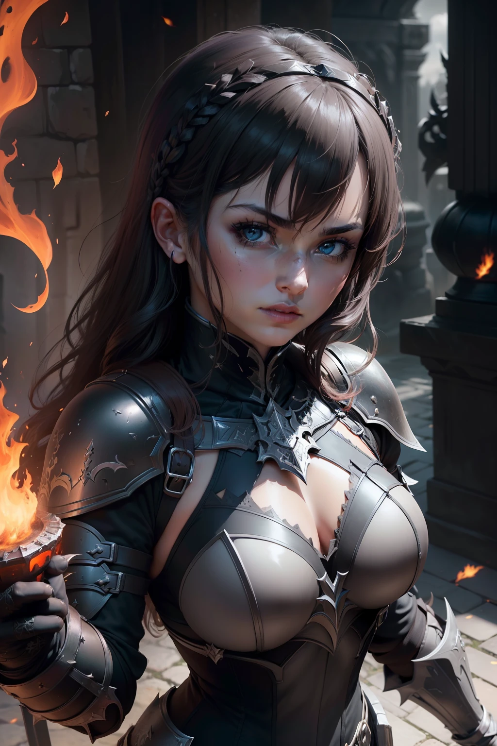 ((detalhes intrincados))1 female, dark knight, darkness florest, focus, heavy armor, flame sword, intimider eyes, rage, ((detalhes intrincados, hiperdetalhado))