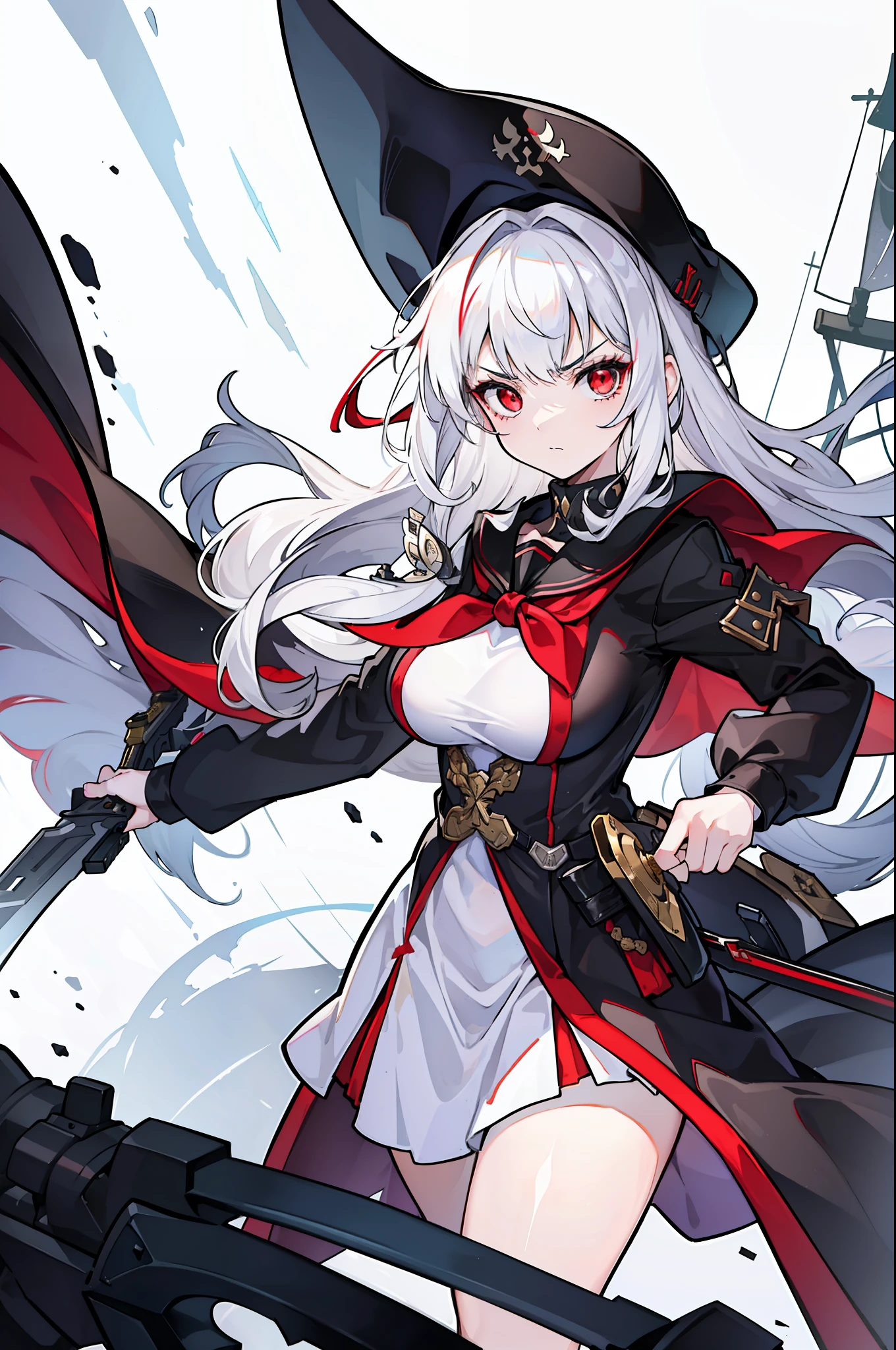(masterpiece), best quality, expressive eyes, perfect face, 1girl, solo, medium height, young adult, young woman, big boobs, (long hair, white hair, side locks, bangs, wavy hair), (red eyes, death glare, serious, menacing, leadership aura, glowing eye), old timey sailor outfit, black sailor outfit, dark dress, long sleeves, white long sleeves, captain, strong young woman, average height, medium height, heels, black skirt, white trims on skirt, fighter, guard, (gunblade, gunsword, knife attached to gun, pistol with a blade, gun with blade attached), human, black sailor cap, captain's hat, black cap, (black cape, red underside of cape, accessories, medieval, 19th century, black sailor uniform, vintage styled outfits, white middle, red ribbon
