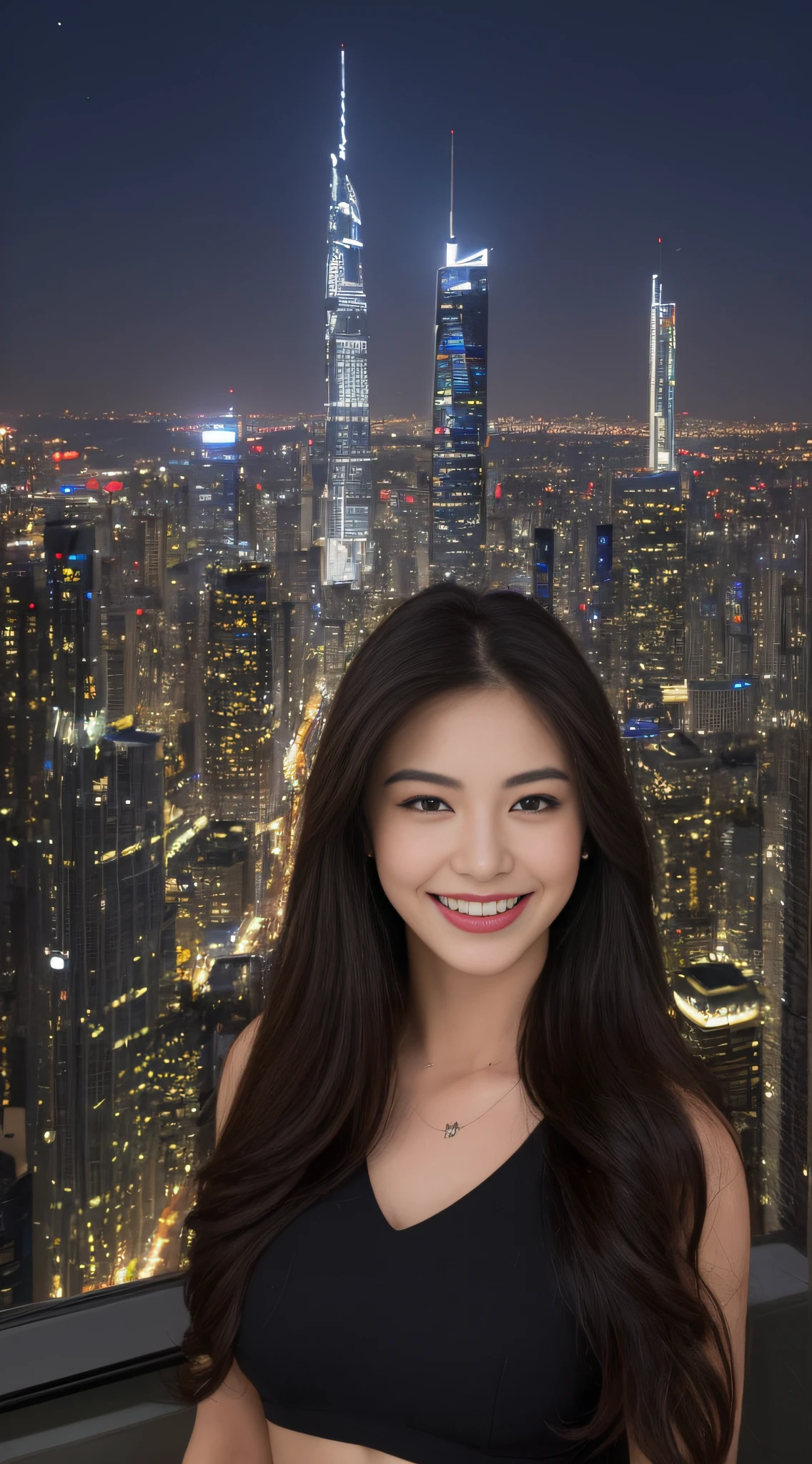 ((top-quality、8K、masterpiece:1.3))、sharp:1.2、Perfect Body Beauty:1.4、Slim abs:1.2、Big、Beautiful face、A smile、((businesswoman:1.3))、(Night view of skyscrapers:1.2)、Straight hair、Highly detailed facial and skin texture、A detailed eye、Aspect of looking at the camera、Shooting from the side
