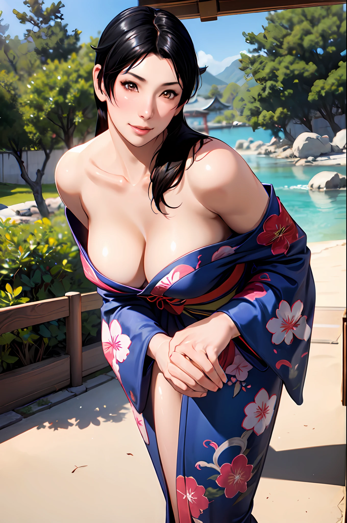 beautiful woman, adult woman, momiji, (looking at viwer), BREAK ((masterpiece)), ((best quality)), ((intricate detailed)), ((Hyperrealistic)), BREAK (japanese shrine maiden costume), bare shoulder, (sexy and elegant pose), BREAK sunlight, natural lighting, BREAK (Skin details:1.2), (perfect face), smile, blush, embarrassed expression, bashful, shy, blushing, BREAK japanese garden, Background details,