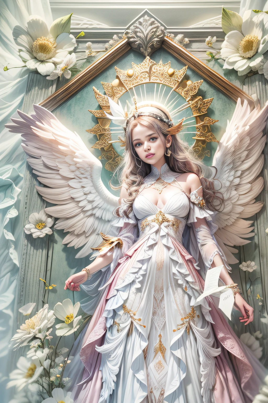 (full body shot of:1.4),white backgrounid,(1 Angel Girl,shiny wings,The halo,Delicate headgear,ssmile),(paper art,Quilted paper art,Geometry),(plethora of colors,Best quality,high detal,tmasterpiece,Cinematic lighting effects,4K,Chiaroscuro)