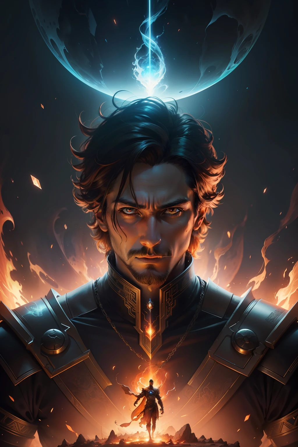 photo, portrait, a god floating on fire [a discovery of a wormhole leads to new worlds|a cursed prince must marry a void], [scifi:fantasy:0.6] cinematic Lighting, detailed background, centered, styled in Michael Bay, insanely detailed, high definition , concept art , digital art , vibrant, (the most beautiful art in the world:1.2),(V0id3nergy:1.3)