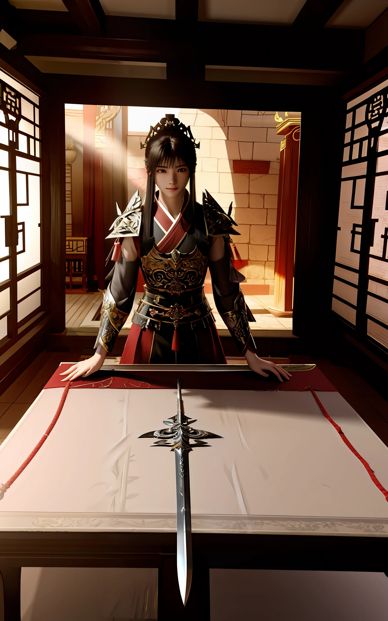 There was a large sword on the table,There is a red stone on it,fantasy sword of warrior,fantasy sword,beautiful sword,big sword,intricate fantasy spear,fantasy weapon,rpg item render,detailed cinematic rendering,super detailed render,Magic Sword,Ancient Chinese Longquan Sword,epic fantasy weapon art,shinning sword,The sword,armored sword blade。