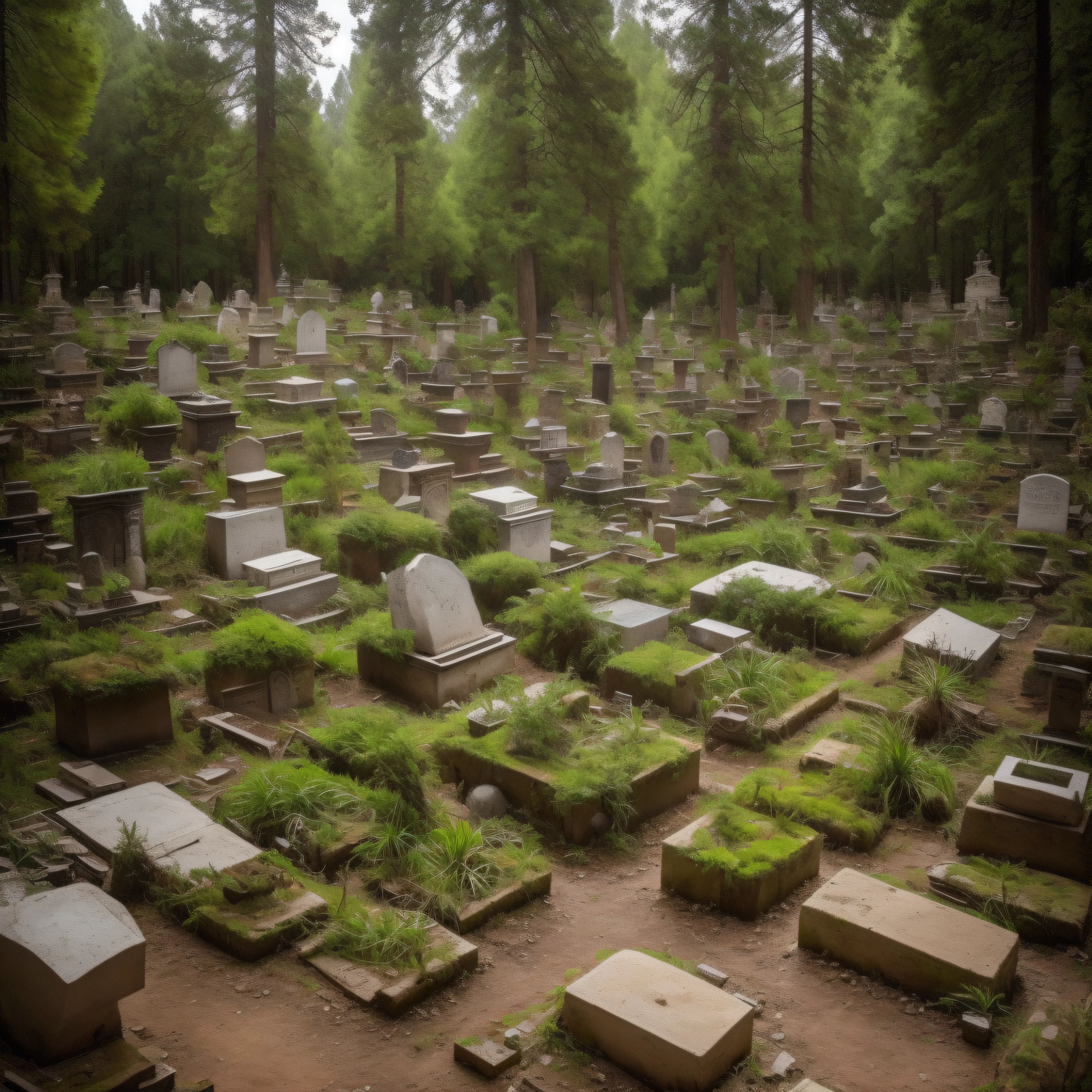 (extremadamente detallado, obra maestra, La mejor calidad), paisaje de bosque. cementerio antiguo. en el cielo hay un agujero profundo, Casa quemada. skulls on the floor. cubierto de plantas, sucio. Oggre hidden among the trees. Daytime Lighting.