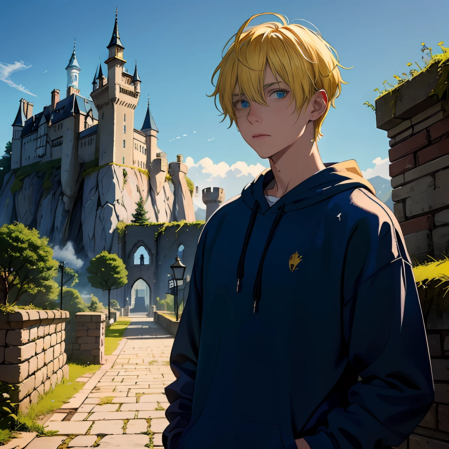 Man with dyed yellow hair，Wear a casual blue sweatshirt，There was a slight blood stain on his face，The clothes were tattered，He was looking up at the castle fortress not far away
