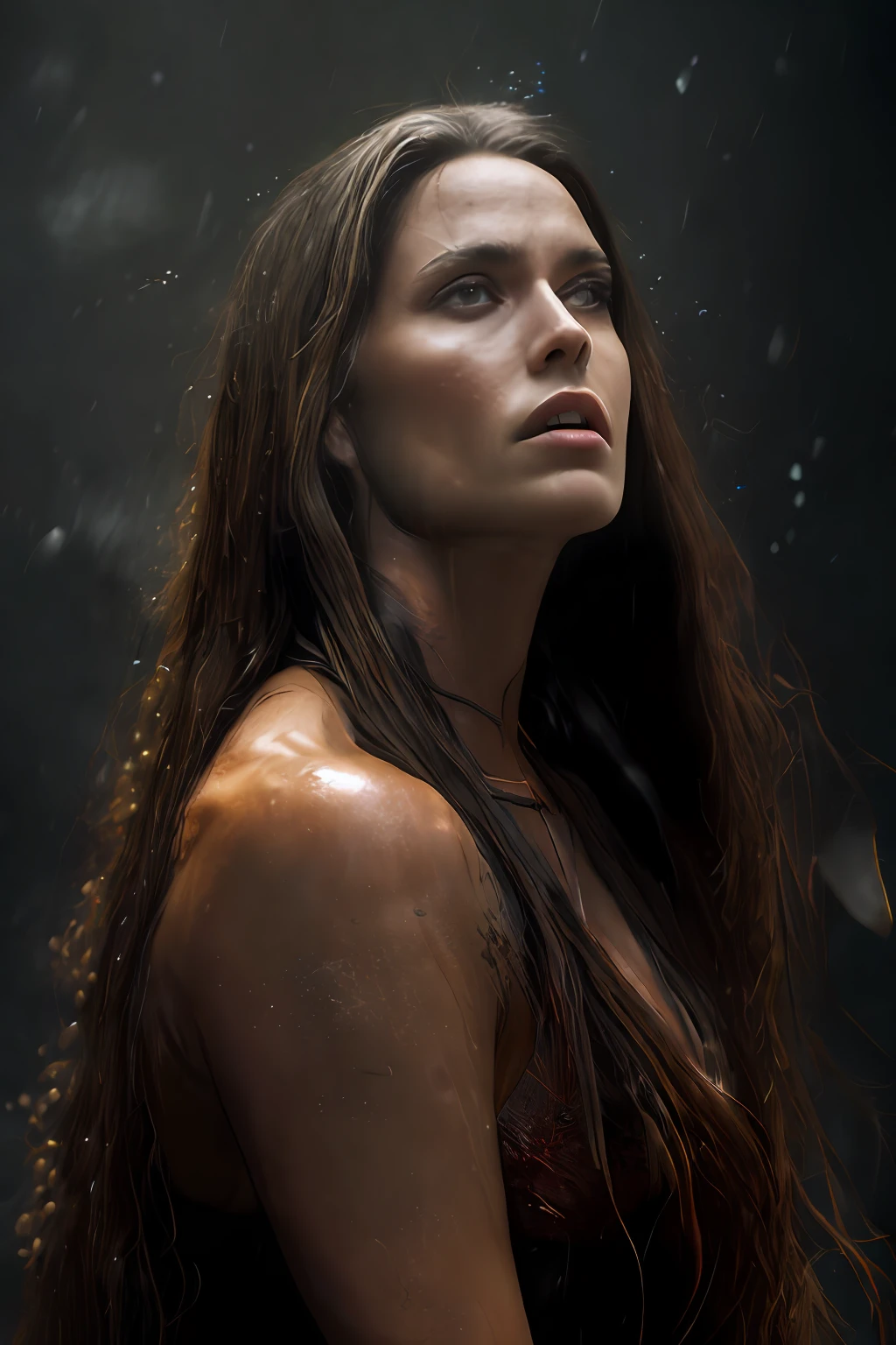 A photo of the most beautiful work of art in the world using software
A brilliant, (epic, heroic fantasy), beautiful woman with long wet hair
Wounded angry, looking with long hair
and a fierce look in a dynamic pose)), chest, full face, Soft breasts peeking out from under the clothes, (dark background:1.4)
(epic realism, HDR, complex details, hyper-detail, cinematic, rim lighting, muted: 1.5),
((fantastic location, majestic cluttered environment)),
skin pores, very dark lighting,
heavy shadows, detailed, detailed face (photo)
Realistic, Dramatic, Dark, Clear Focus, 8K),
(weathered, damaged old worn-out leather outfit: 1.5),
(difficult:1.4), decadent (very detailed:1.4), octane render,
sharp focusing,
heavy rain, floating particles