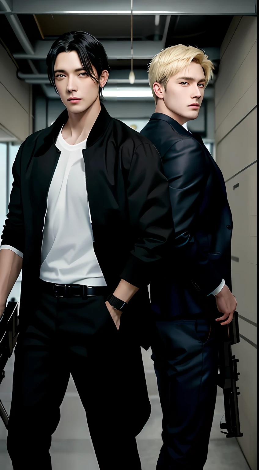 best quality, masterpieces. 2 Handsome guy, wearing a white shirt, black hair, holding a long gun, standing next to him is a guy with blonde hair, wearing a black jacket holding a black gun, two people back to back each other, both looking at the camera, behind them is at the office