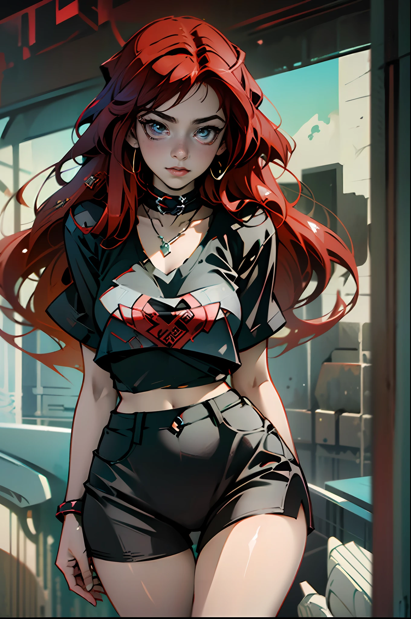 Rias Gremory(High School DxD anime),long, crimson-colored red hair that reaches up to the hips, olhos azuis (azul-esverdeados),bustoB99-W58-H90 cm, Sexy Glued Short Shorts With Transparency Black Color,Cropped Top Female Cross Neck Red --auto --s2