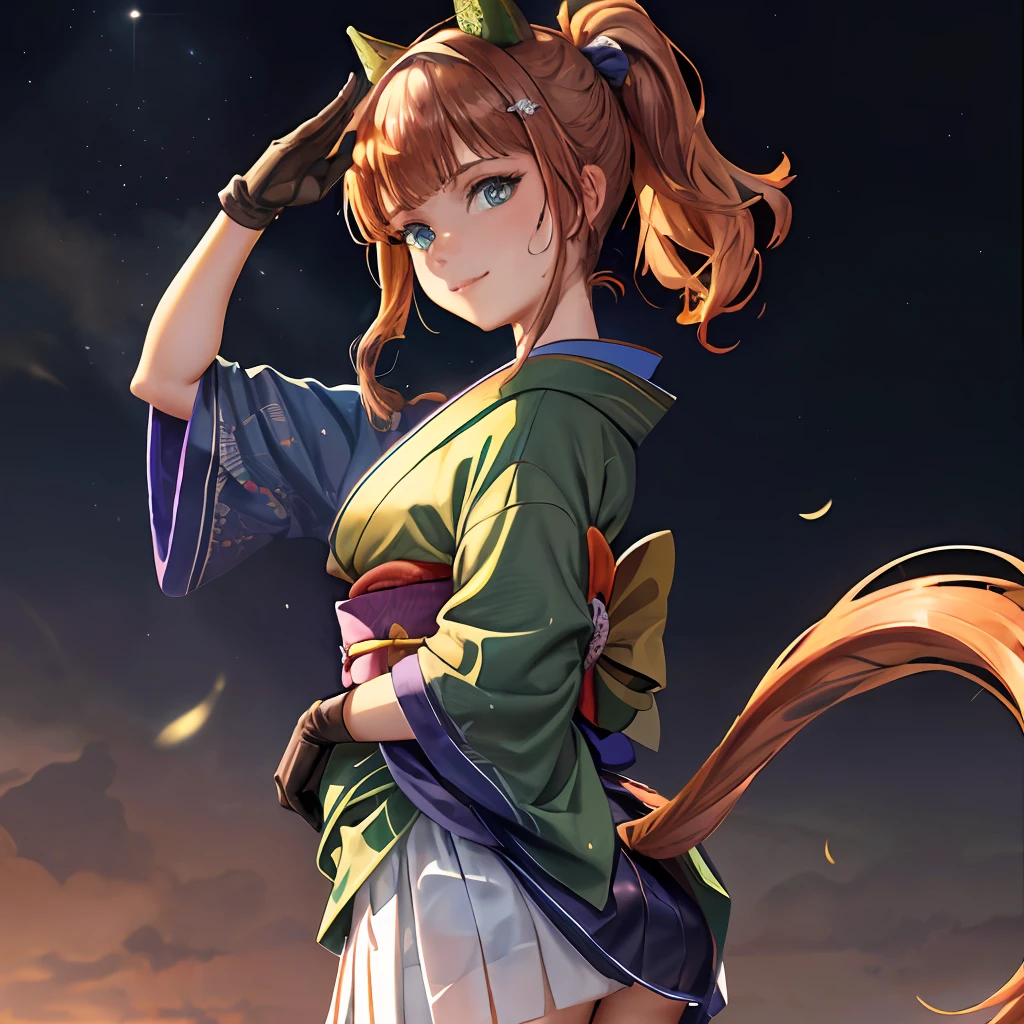 (Extreme detail CG Unity 8K wallpaper, Masterpiece, Highest Quality), (exquisite lighting and shadow, highly dramatic picture, Cinematic lens effect), (green kimono: 1.1), Adorable smile, Double Ponytail, blue eyes, blond hair, tight top, white gloves, mini skirt, dynamicpose), the background is the universe (great details, great lighting, Wide angle), (Excellent rendering, Basta, To stand out in your class), (Beautiful panties, peeking out from under the skirt :1.2), (Beautiful butt :1.2), (Upskirt, Lifted by the Wind), (tail on the lower back: 1.4) Salute, (Bent back :1.1)
