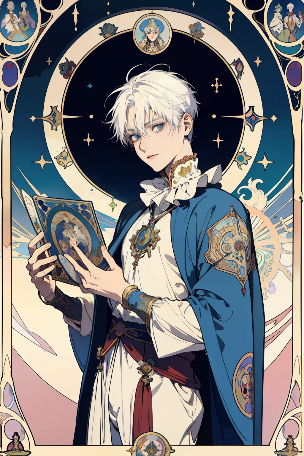 masterpiece, best quality, 1 male, adult, short white hair, the fool \(tarot\),bard, clown,Symbolism,Visual art,Occult,Universal,Vision casting,Philosophical,Iconography,Numerology,Popularity,Artistic, Alfons Mucha