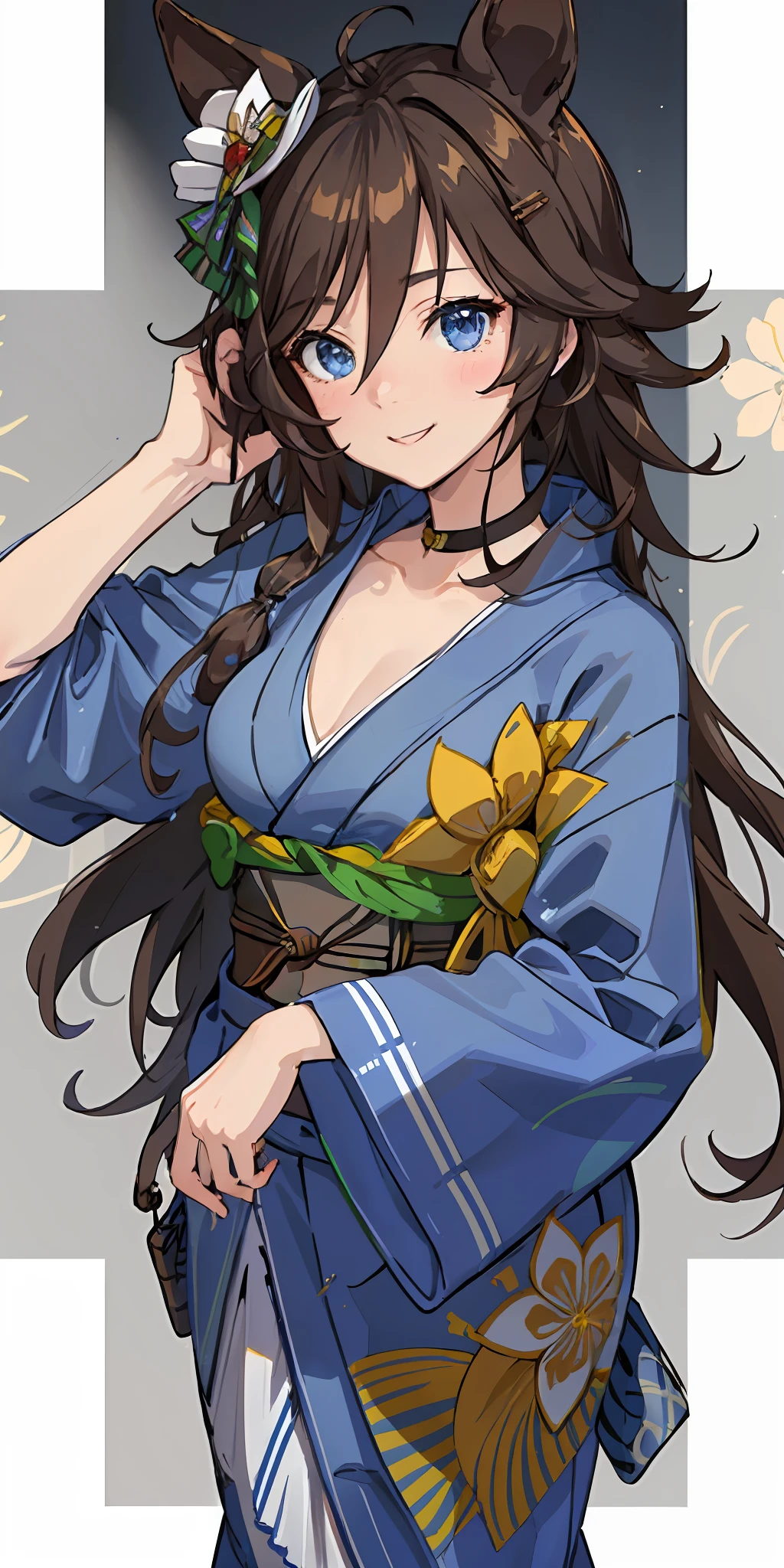 女の子1人、Brown hair(long)、Blue eyes((Delicate.ren))、Marl、Hidden in the hair of one eye、Japanese dress((Yukata))portlate、side lights、wall-paper、NSFW、Background night、Beautiful night sky、A smile、Happiness