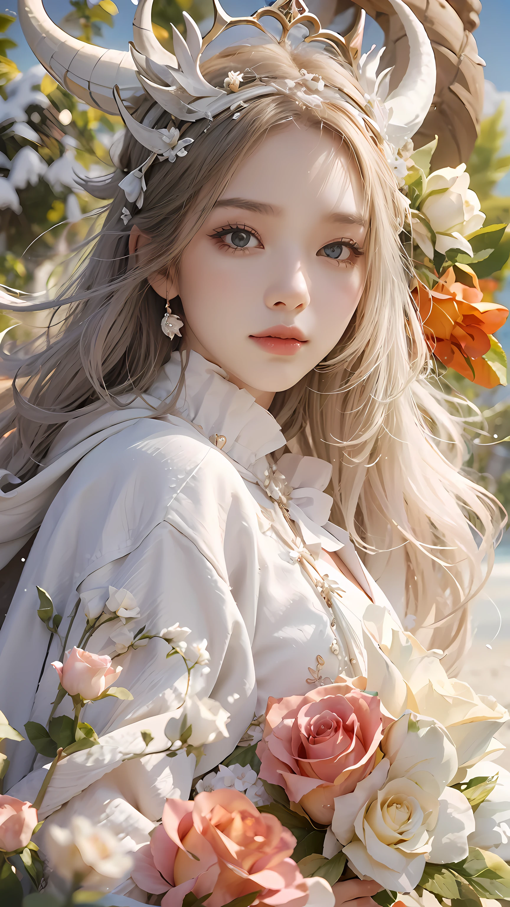 Exquisite scenes，depth of fields，8K，The ivory sky，White clouds，The sun shines on the snow-white sand。The coral sea，There are many small colorful shells on the beach，Red rose，Rose flower，tmasterpiece，k hd，Detailed details，Beauty defines the role of the body in detail，ssmile，Exquisite facial features，s the perfect face，White skin of the，long whitr hair，The background is a dragon，The hair is orange，Dressed in white，The clothes were tightly wrapped，long trousers，Cloak，Animal headdress