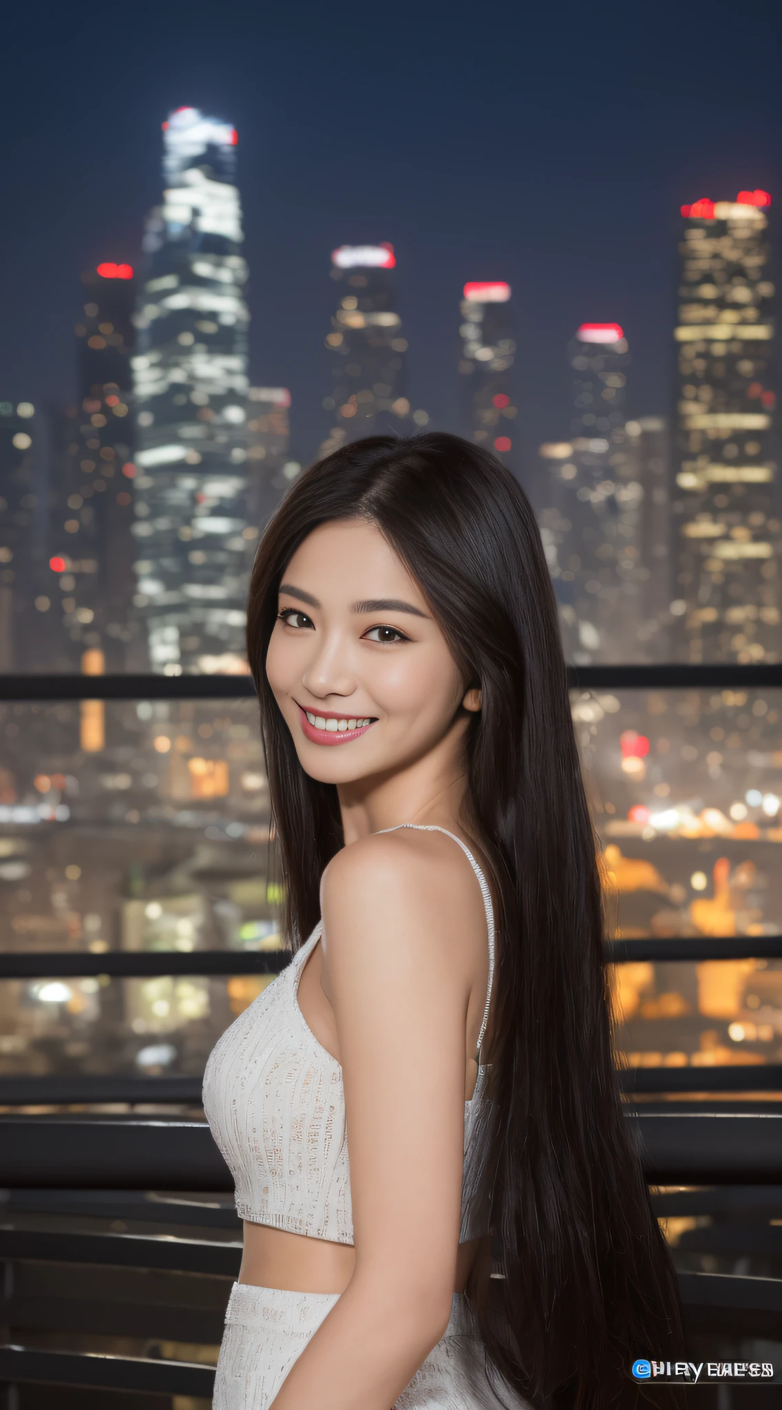 ((top-quality、8K、​masterpiece:1.3))、sharp:1.2、Perfect Body Beauty:1.4、Slim abs:1.2、Big、Beautiful face、A smile、((hostess:1.3))、(Night view with skyscrapers:1.2)、Straight hair、Highly detailed facial and skin texture、A detailed eye、Aspect of looking at the camera、portlate