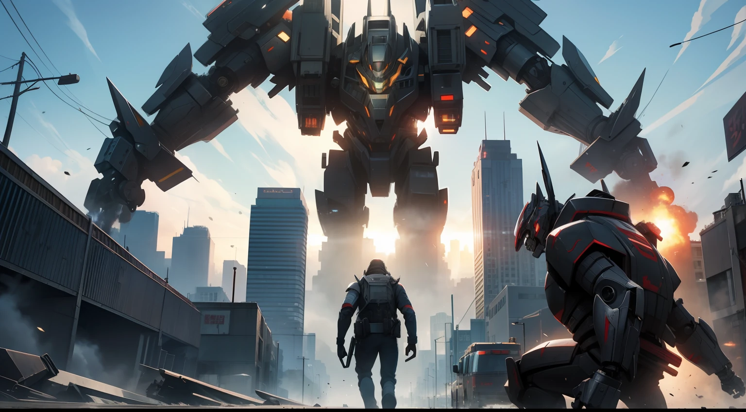 Huge mechs are destroying cities，Humanity flees in terror
