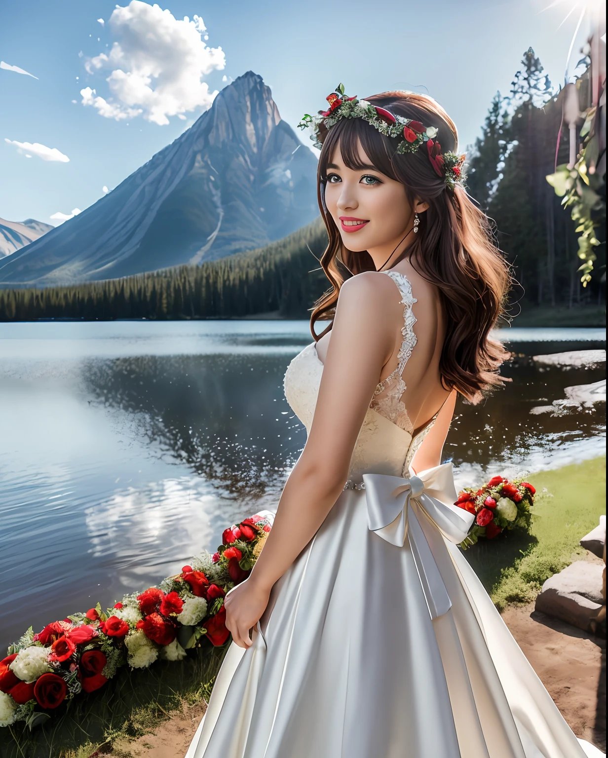 Ranch, flash softbox is reflected in the background ((1 person)))),((Photorealistic)))))), ((AKB 48)), (Full body photo))), (Lens flare),(Backlight)), ((In the woods))((Dark mountain lake)),(((Rock in the background)),Flower crown,(Smiling)),((NIKON Z))),, ((((Bright red wedding dress, perfect breasts, latin, full lips))))(Skin feeling)),(Photorealism:6, Real),Perfect lower body shape,Ribbon,Hair ornament,pale skin,Watching viewer,Small waist