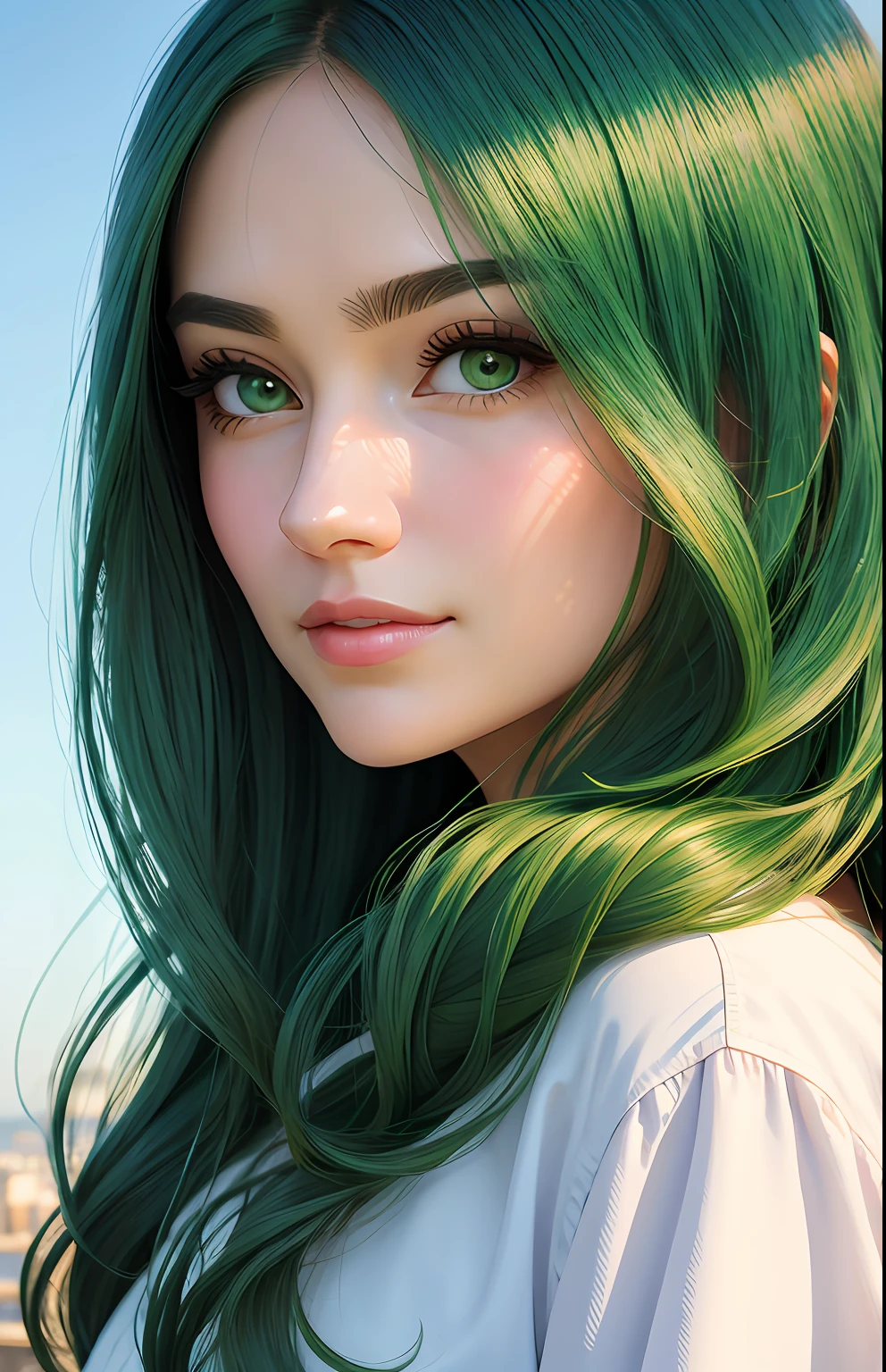 animesque、portraitures、One Person20age、Pretty Woman、Moisturized eyes、Casual clothing、a picture、oval jaw、beautiful countenance、The hair、green eyes with a beautiful shine,、LDS Art