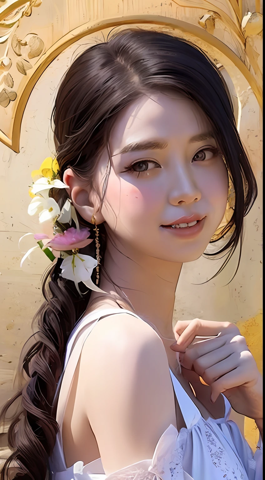 masterpiece、top-quality、surrealistic、
1 Women's Fine Art Painting、ice land、Medium close-up、
beatiful detailed eyes、face perfect、beautifull detailed face、Slouched、Pixie Cut
Amazingly sharp focus、ultra-detailliert、Soft skin、
Braided hair、O cabelo multicolorido、
blue eyes
nightgown、Nuisette、Wearing flower embroidery、
lightsmile、particles floating、the golden hour、Elaborate backgrounds、The upper part of the body