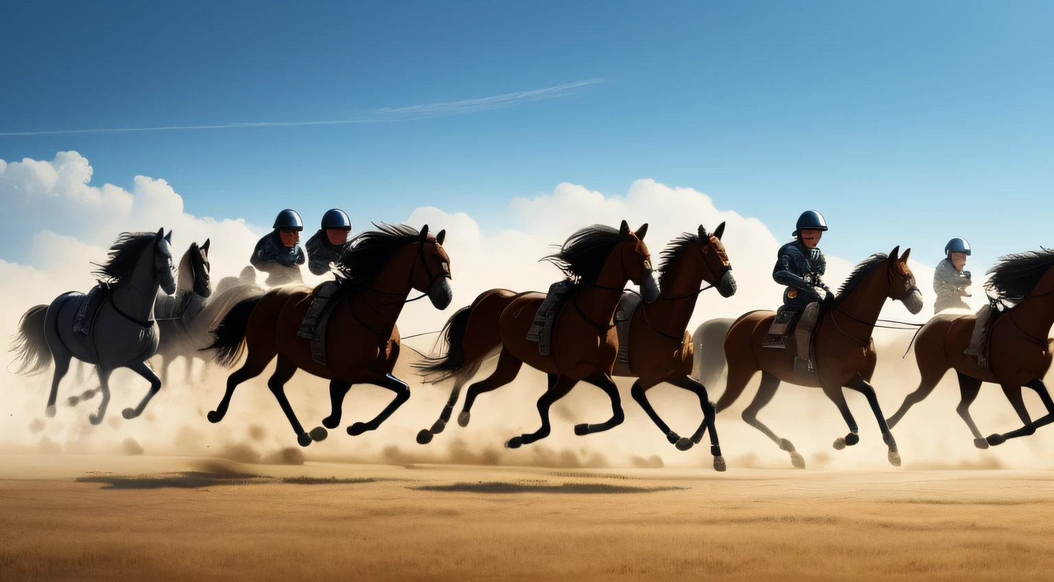 Herds of horses running on the battlefield，dust kicked up